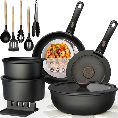 Astercook Non-Stick Ceramic Cookware Set - 21-Piece RV Kitchen Pots & Pans, Oven Safe, Induction Ready, Black