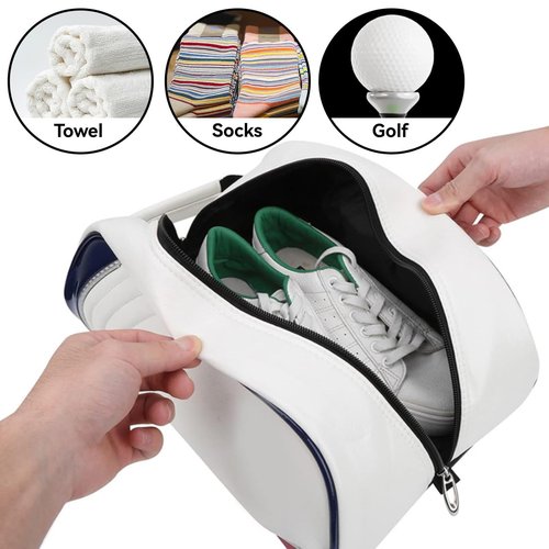 Golf Shoe Bag for Men & Women, PU Leather Travel Shoes Carrier Bag, Dustproof and Lightweight Outdoor Golf Accessories Storage for Sport Shoes, Socks, Tees & Balls(White)