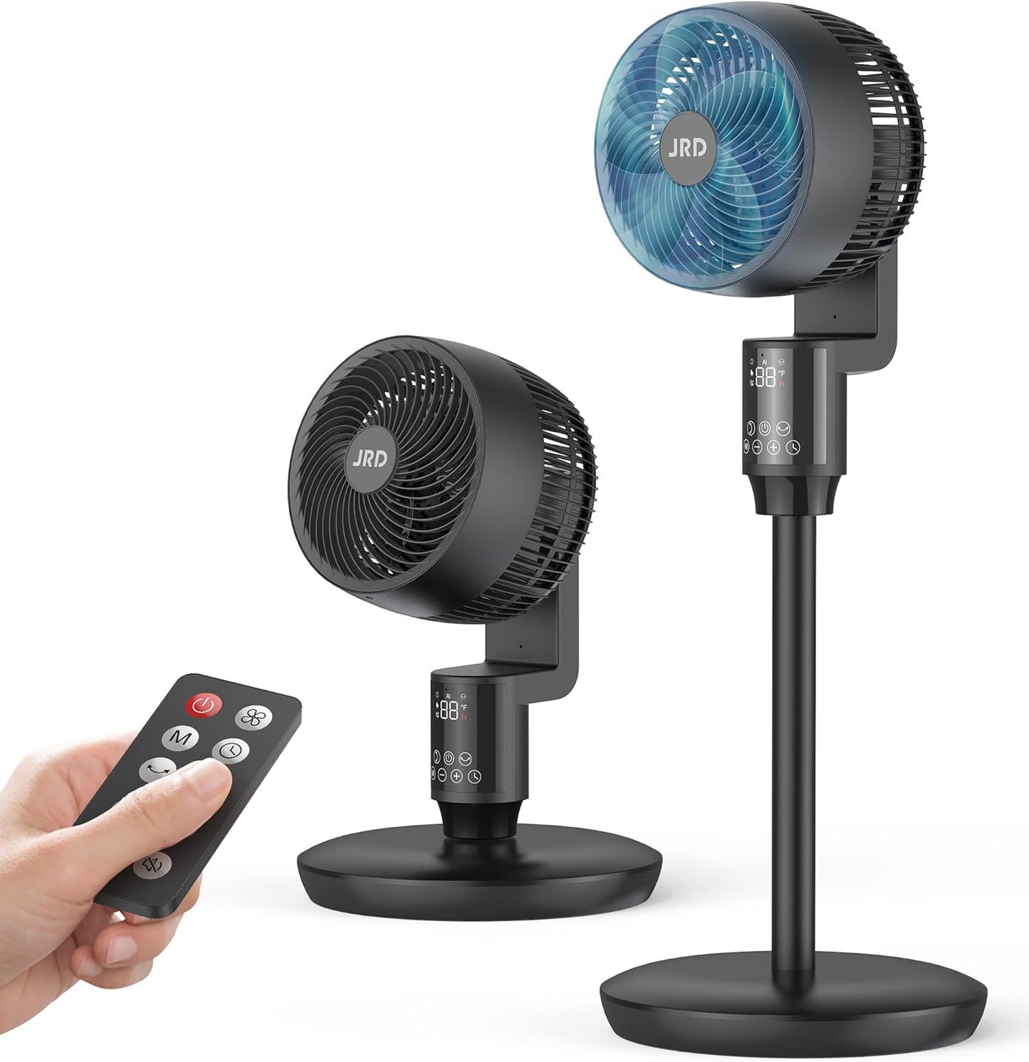 JRD Oscillating Floor Fan - Quiet 70° Pedestal Fan with 6 Speeds & Remote Control | Adjustable 19-38" Height