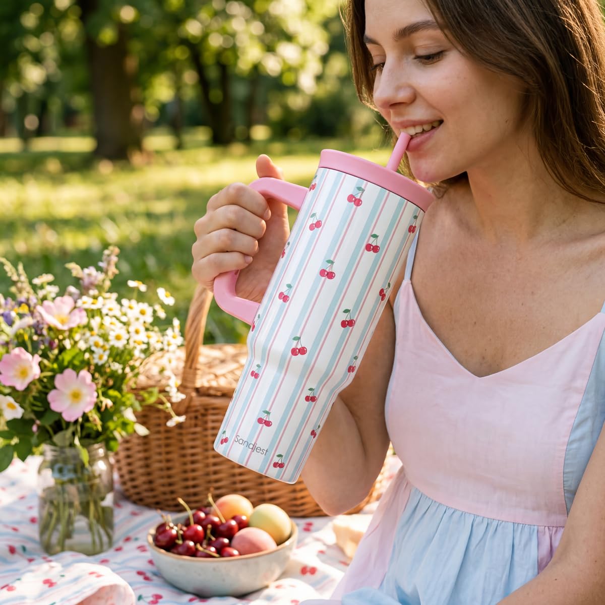 SANDJEST Cherry Stainless Steel Locking Lid Silicone Straw Tumbler with Handle 40oz, Insulated Stainless Steel Travel Cup for Women Girls Friends, Gift Idea for Birthday Christmas