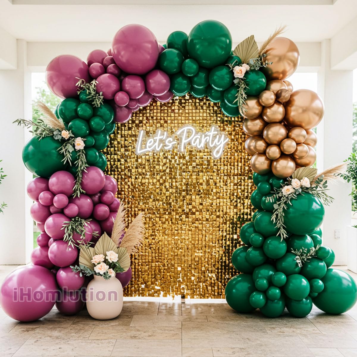 Purple Green and Champagne Gold Balloon Arch Kit – Double Stuffed Plum, Emerald, Hunter Green, and Metallic Champagne Balloons for Mardi Gras, Wedding, Birthday, Fall Party, Baby Shower