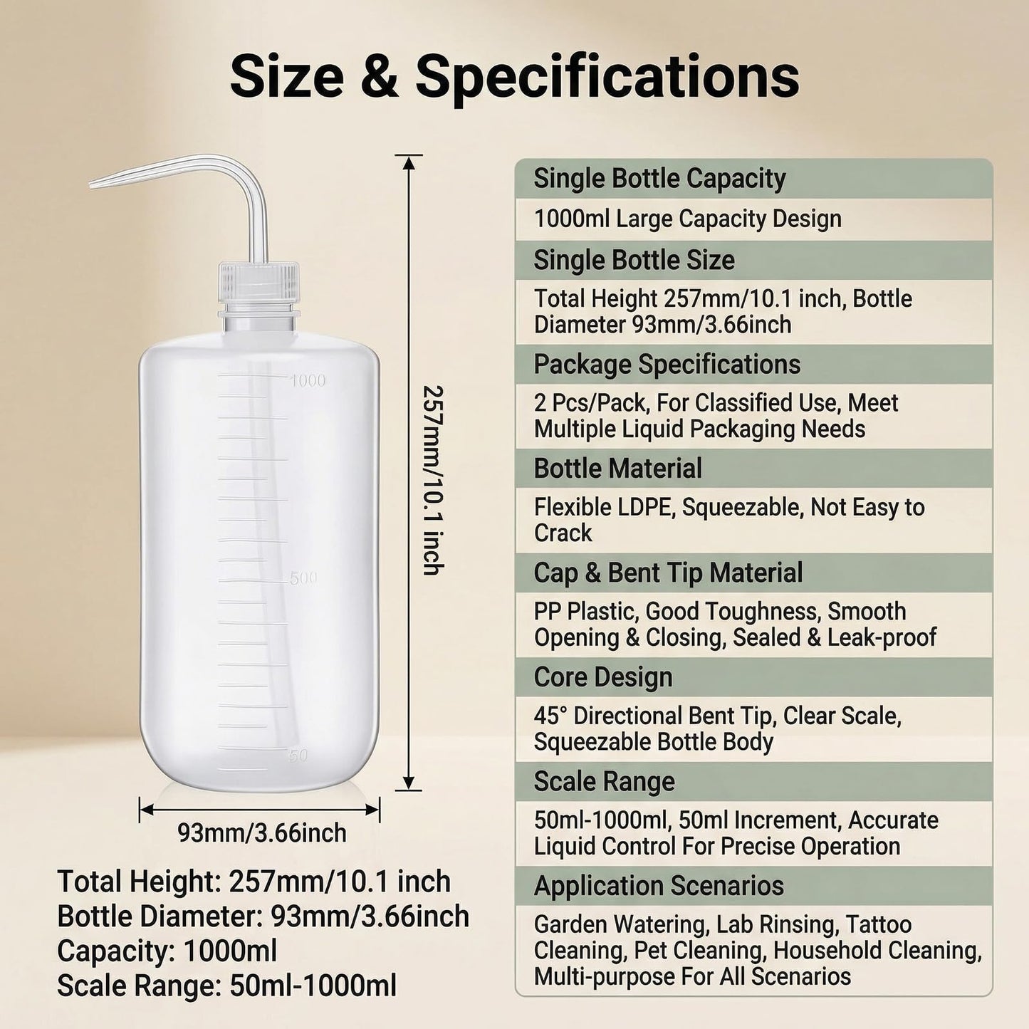 2PCS 1000ml/34 oz Plastic Squeeze Bottle With Measuring Refillable Bent Tip Wash Cleaning Liquids Water Storage Containers Pot Holder Portable Safety Garden Home Kitchen Supply (White)