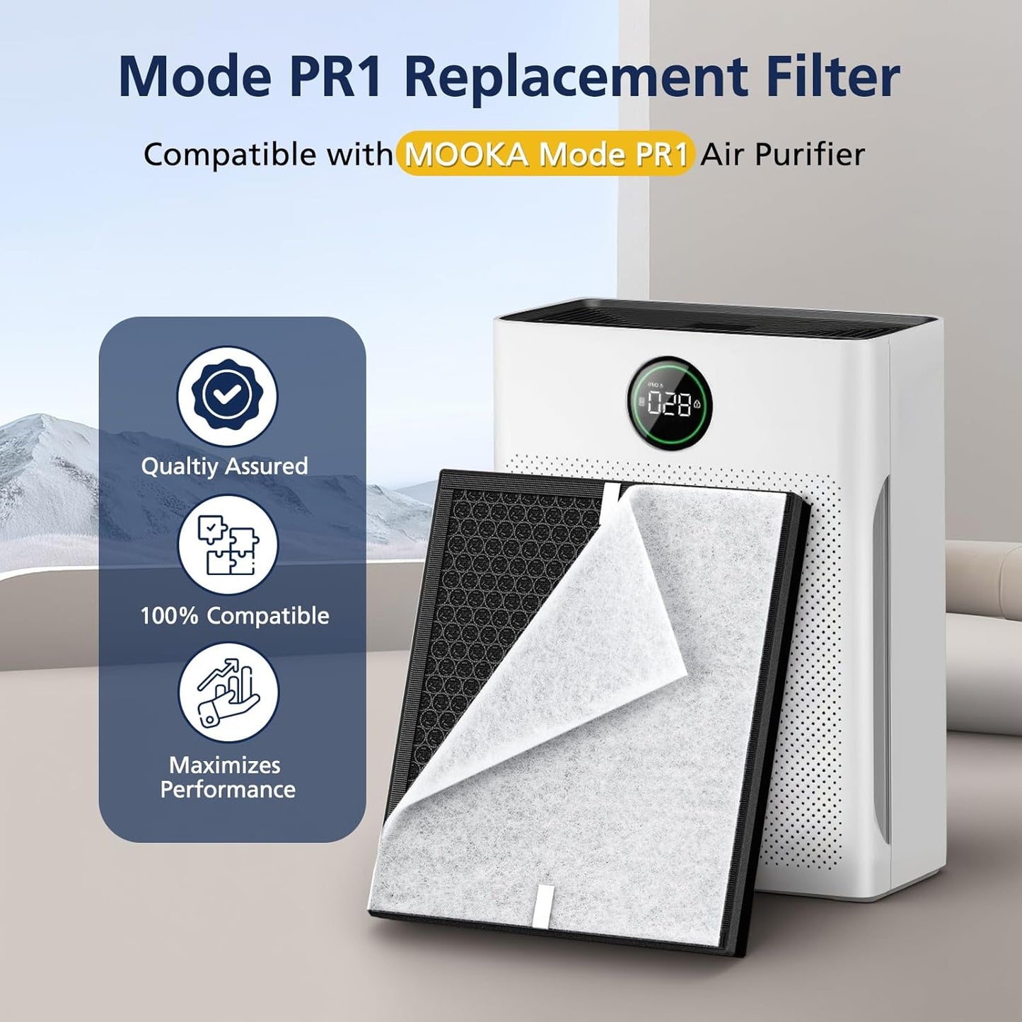 Mooka PR1 Replacement Filter - HEPA Activated Carbon for Large Rooms up to 2200 sq.ft | 4 Washable Filters for Pets