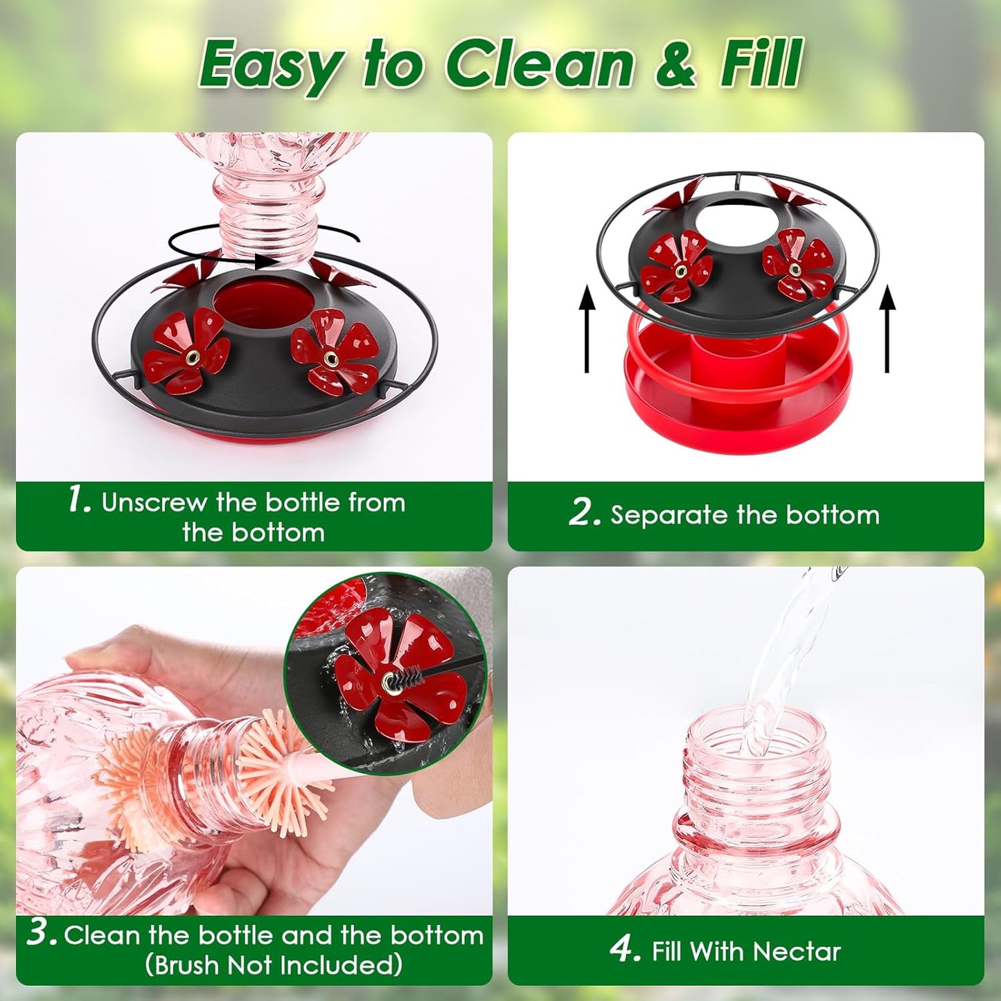 Skiennix Glass Hummingbird Feeder - 20oz Outdoor Nectar Feeder with Bee Guard Ports & Ant Moat | Pink