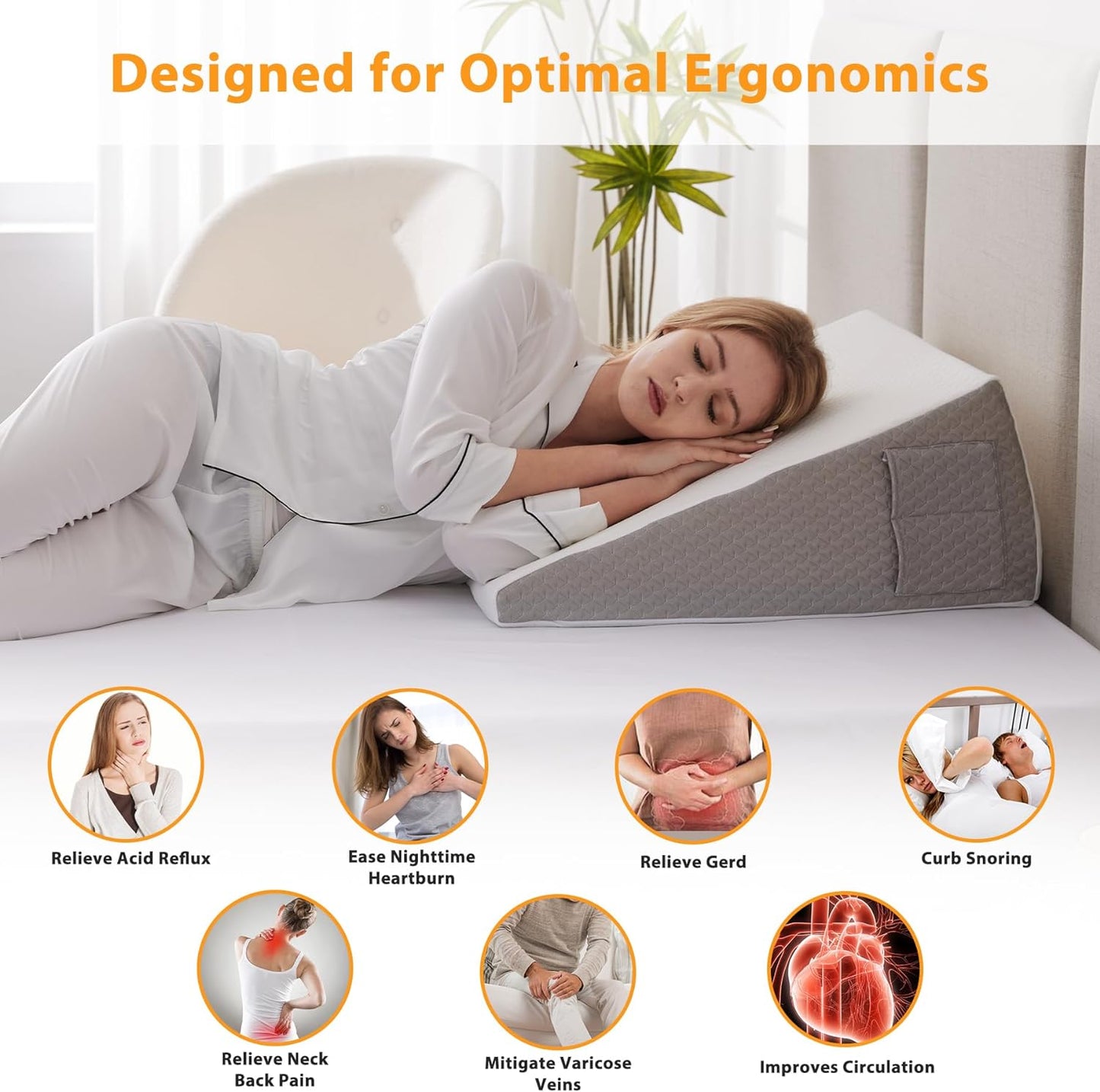 Ruqmuis Wedge Pillow - Acid Reflux Relief & Back Pain Support | 10" Elevated Sleeping Pillow, White