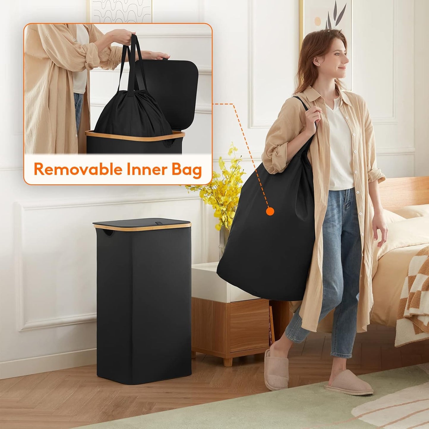 Lifewit 100L Laundry Basket - Large Collapsible Hamper with Lid & Bamboo Handles | Beige & Black