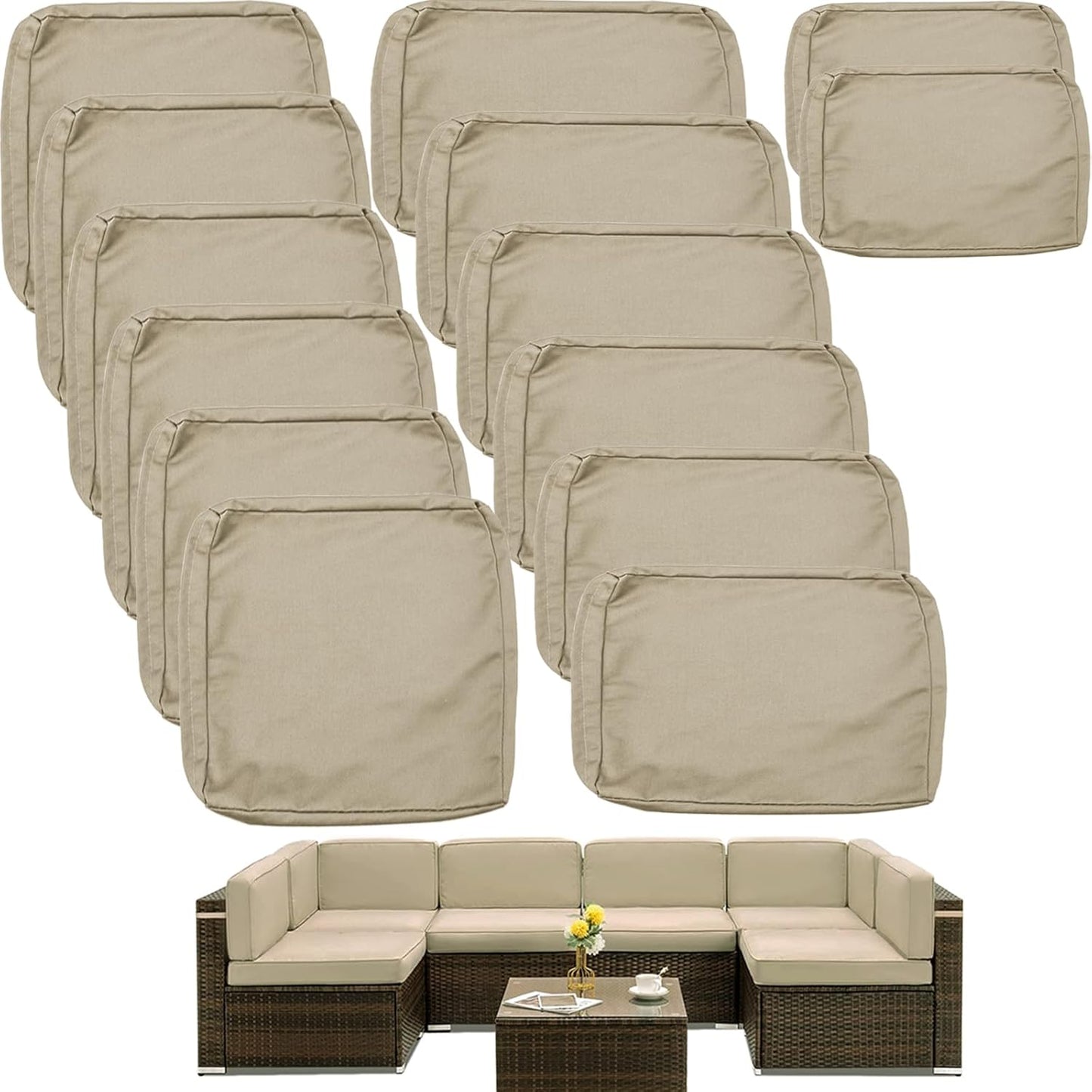 Sqodok Waterproof Outdoor Cushion Covers - 14-Piece Slipcovers for 7-Piece Rattan Wicker Sectional Sofa | Washable Tan