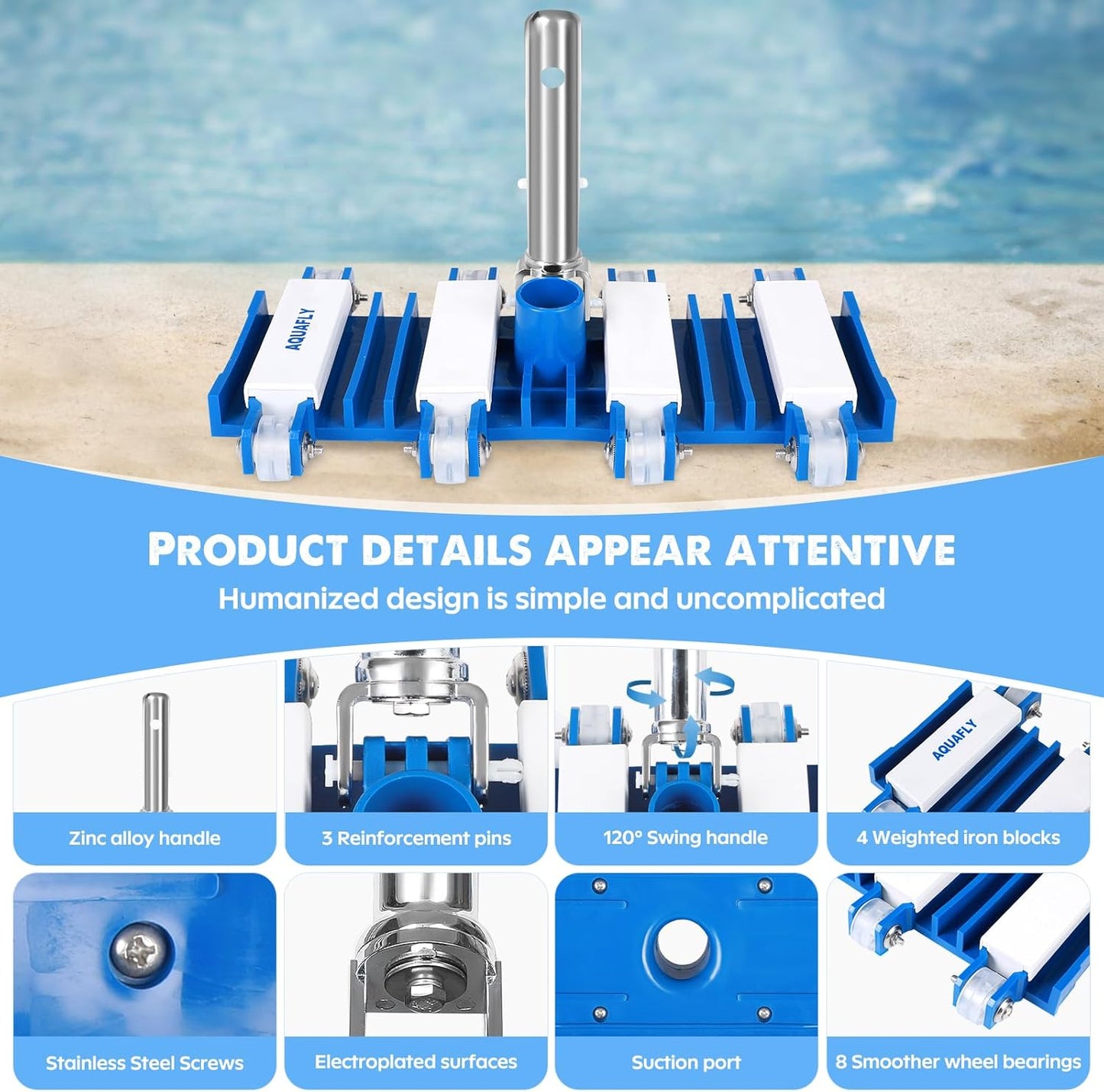 Skiennix Pool Vacuum Head - Heavy Duty Manual Cleaning with Wheels | 14" for Inground & Above Ground Pools