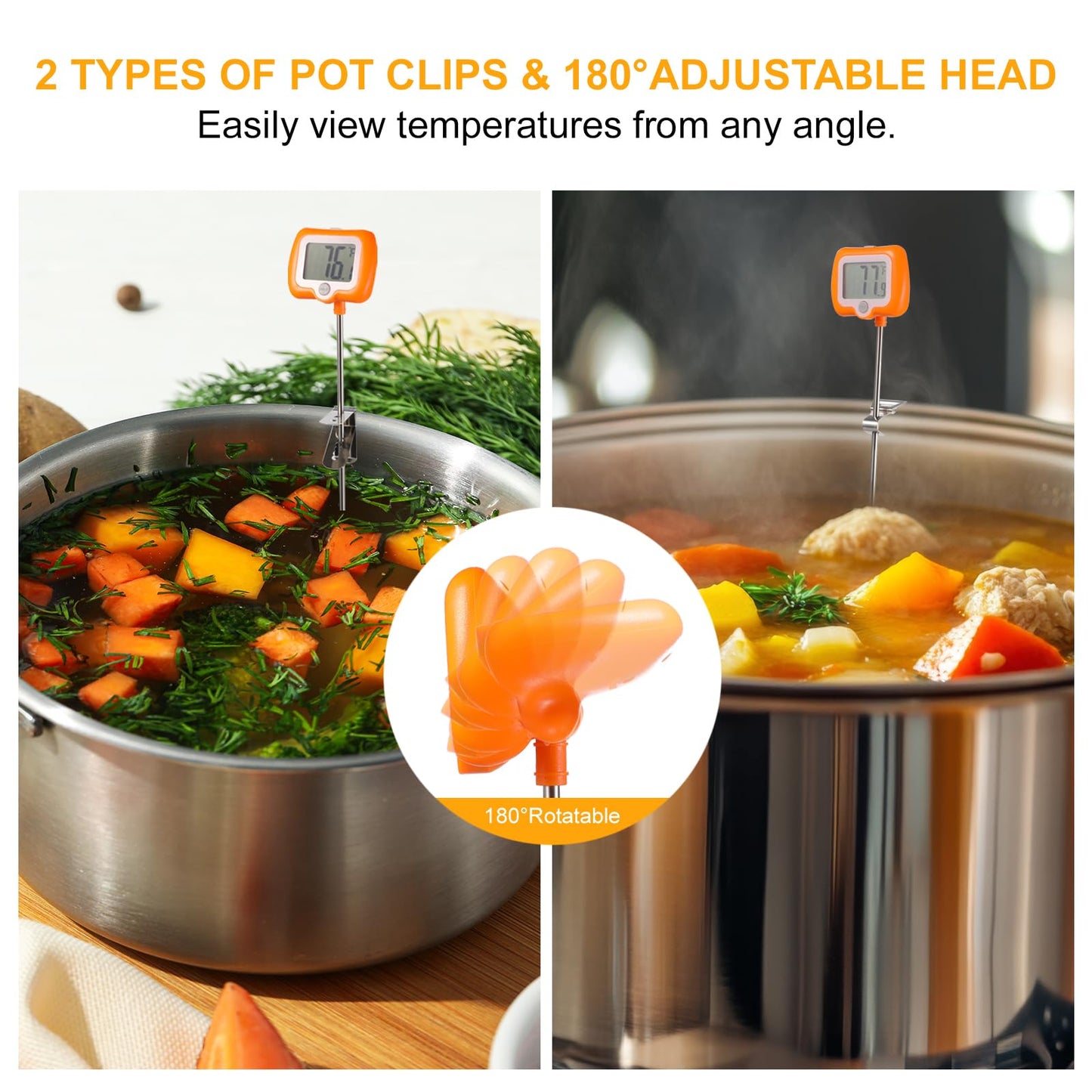 2 Pcs Digital Candy Thermometer with Pot Clip, Waterproof Instant Read Thermometer for Cooking Baking Frying, Deep Fryer Thermometer for Oil Sugar Turkey Candle Making, Long Probe Rotatable Display