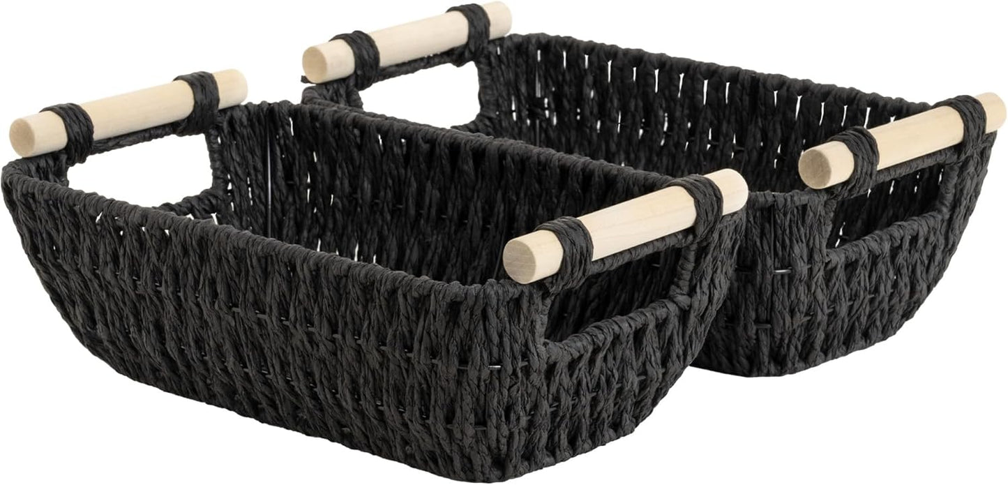 StorageWorks Black Wicker Storage Baskets - Small Woven Organizers with Wooden Handles | 2-Pack