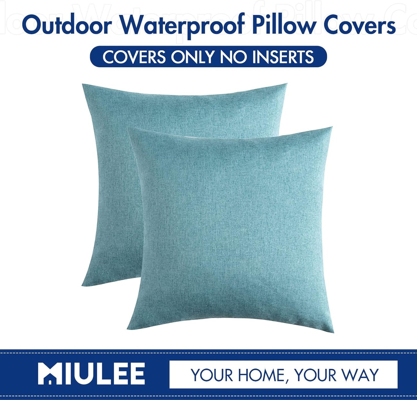 MIULEE Decorative Outdoor Throw Pillow Covers - Waterproof Faux Linen Cushion Cases | 12x12 Inch Turquoise, Set of 2