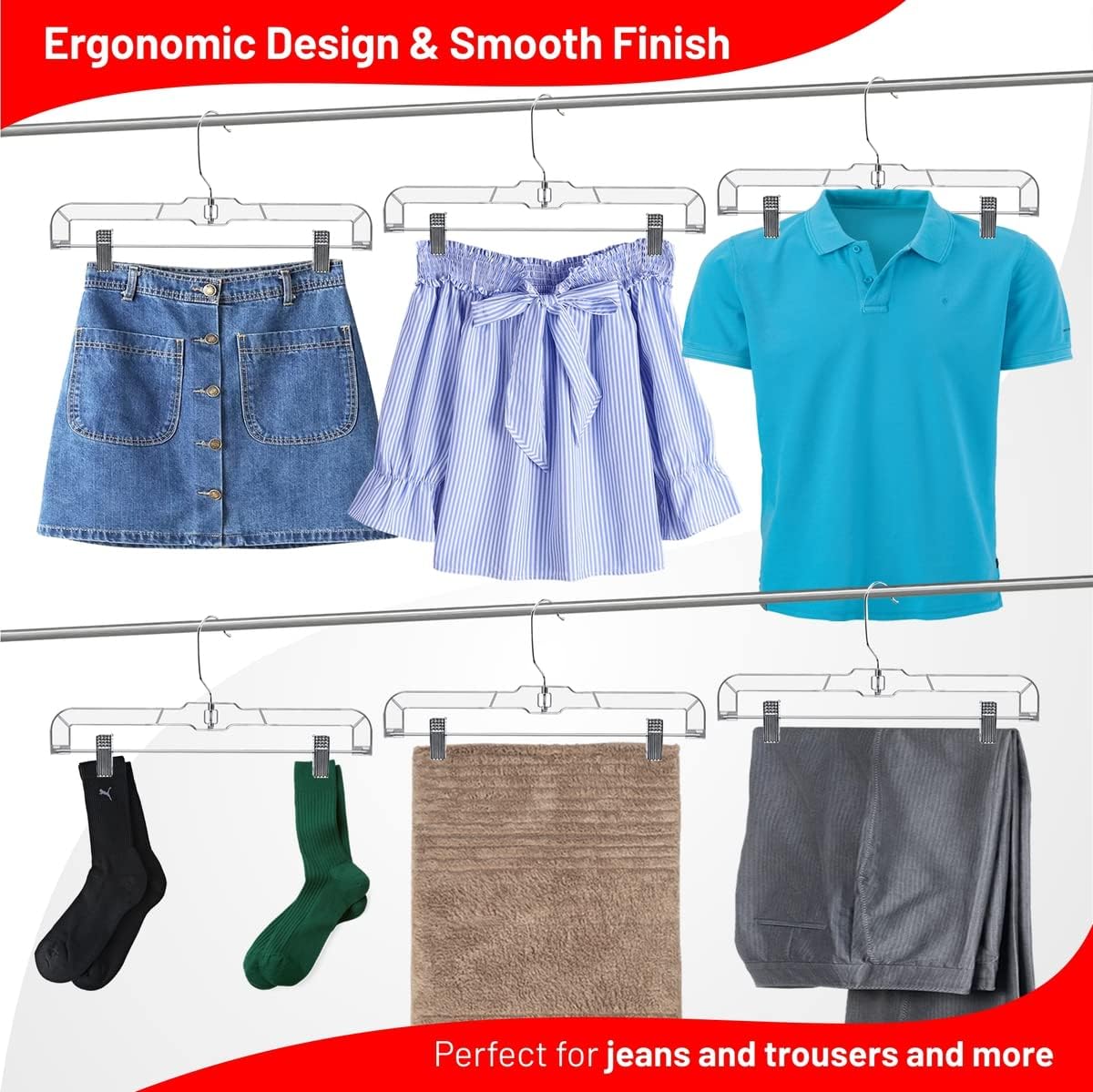 DEILSY™ Skirt Hanger Pants Hangers with Clips Hangers Shorts Hanger Clear Plastic Clothes Hangers with 2-Adjustable Clip Non-Slip Clothes Hangers Perfect for Pant, Pack of 12