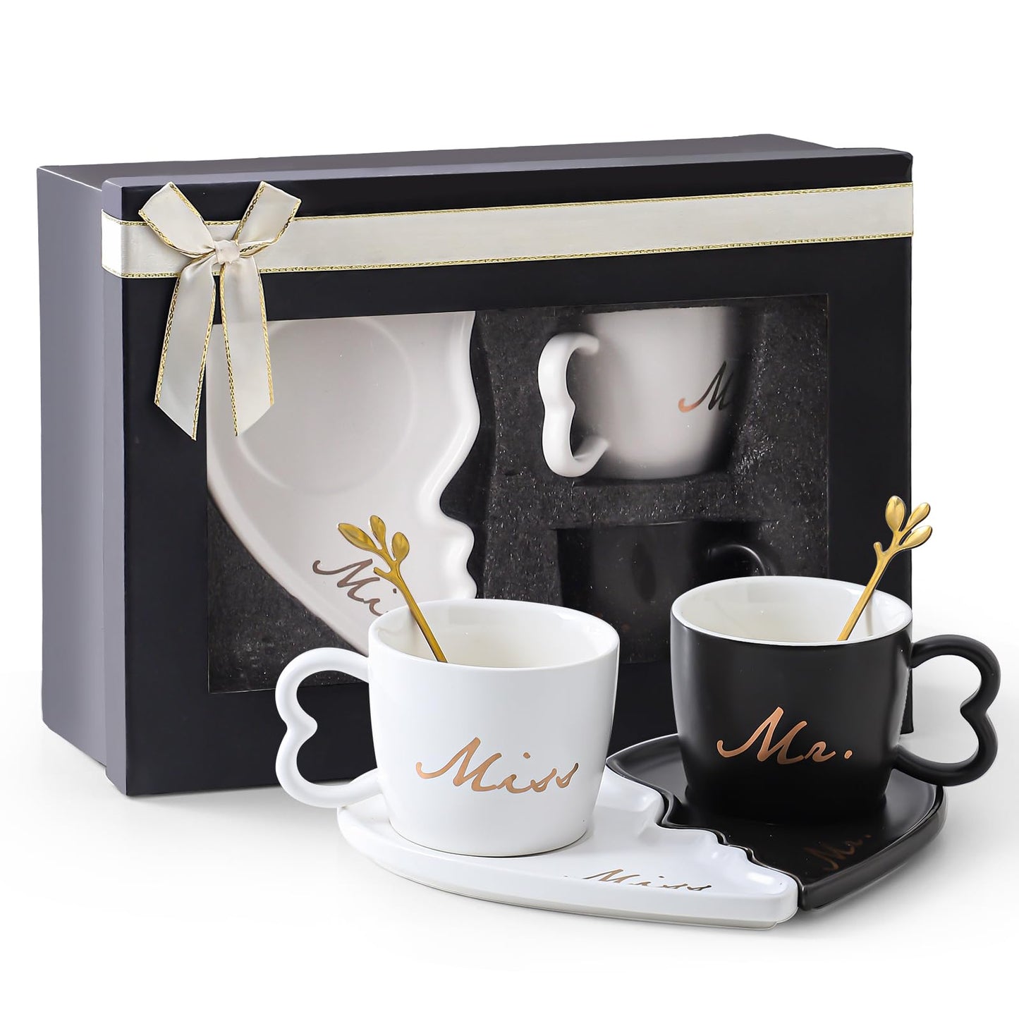 DELARLOCHEF 6Oz Mr and Mrs mug Heart Shaped Ceramic Mugs with Saucer & Golden Spoon. Perfect for Engagement, Wedding.Couple Mugs Graduation gifts father's day gifts
