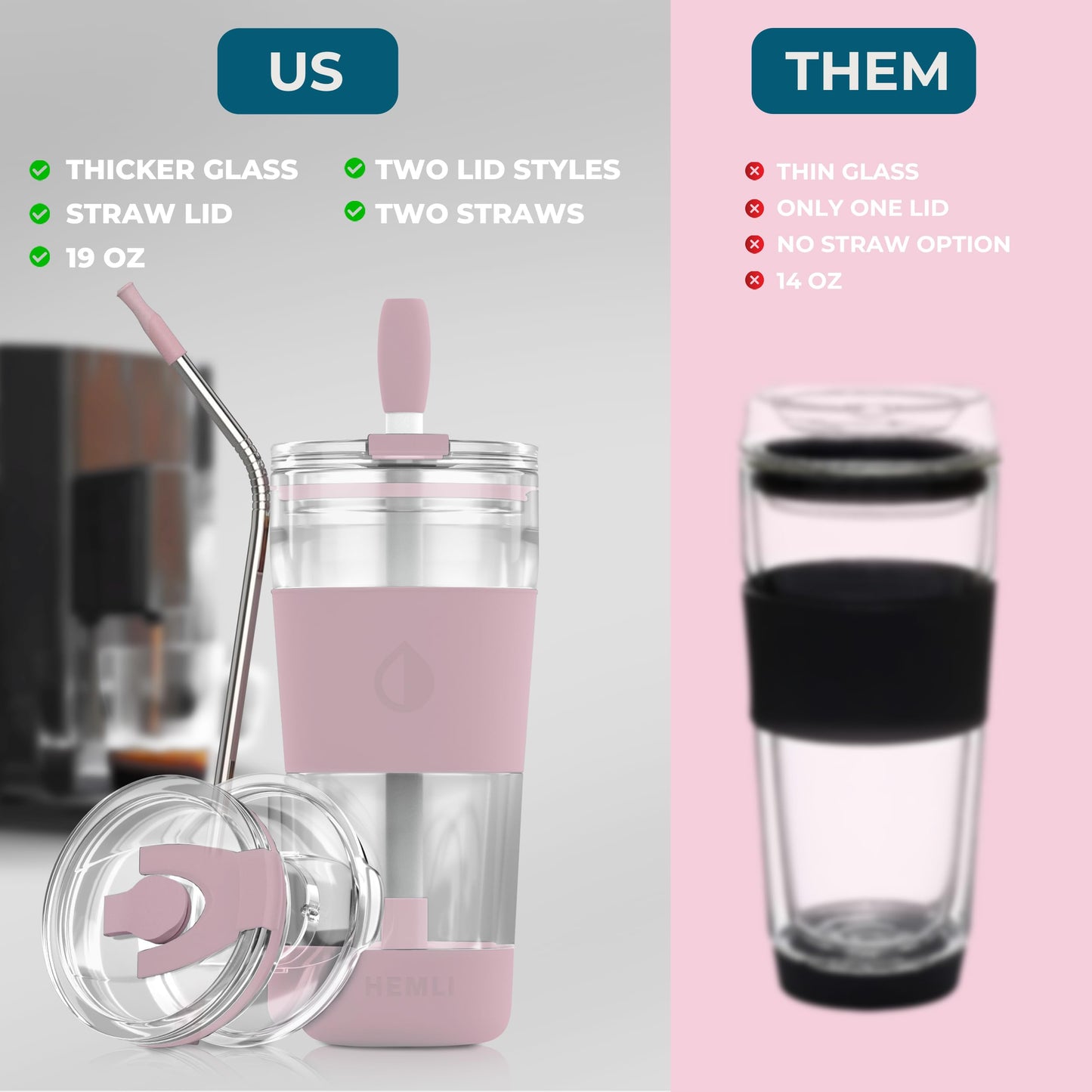 Hemli 19 oz. Double Wall Glass Coffee Tumbler, To Go Travel Mug with Lid, Portable Glass Thermos with Straw, Reusable Cup, Tea, Smoothies, Ice Coffee, and Boba