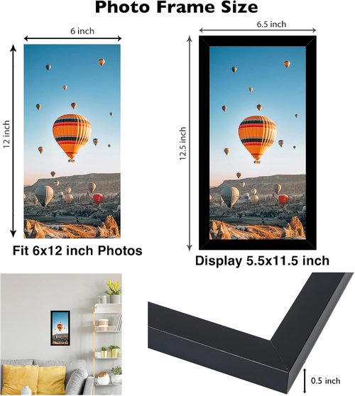 JCJMY 6x12 Black Picture Frame - Versatile Wall Mounting for Horizontal or Vertical Display