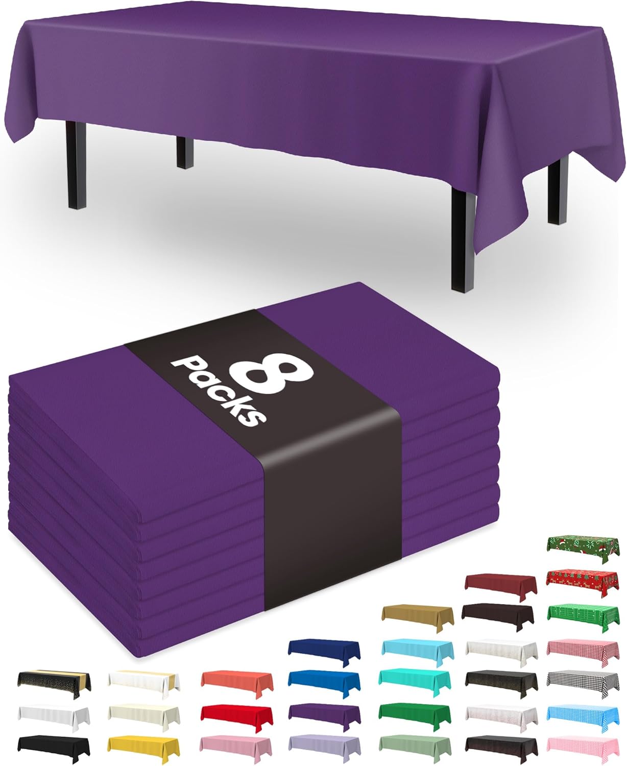 Pureegg Disposable Plastic Tablecloths - 8 Pack, 54 x 108 Inch, Leakproof & Sturdy for Graduation Party - Purple