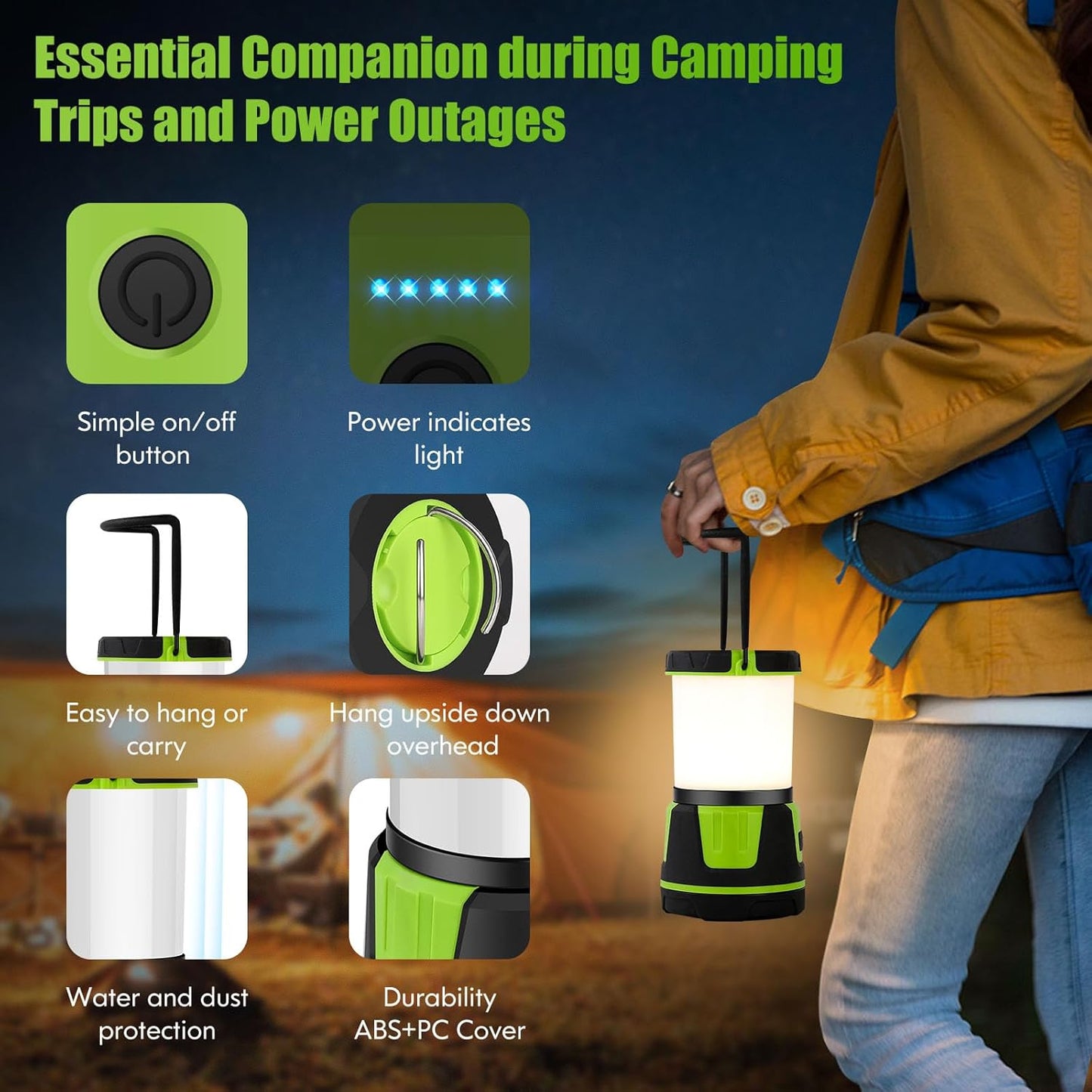 Rechargeable LED Lantern - 3000 Lumens, 5 Light Modes, IP54 Waterproof | Portable 7500mAh Flashlight for Camping & Emergencies (Green)