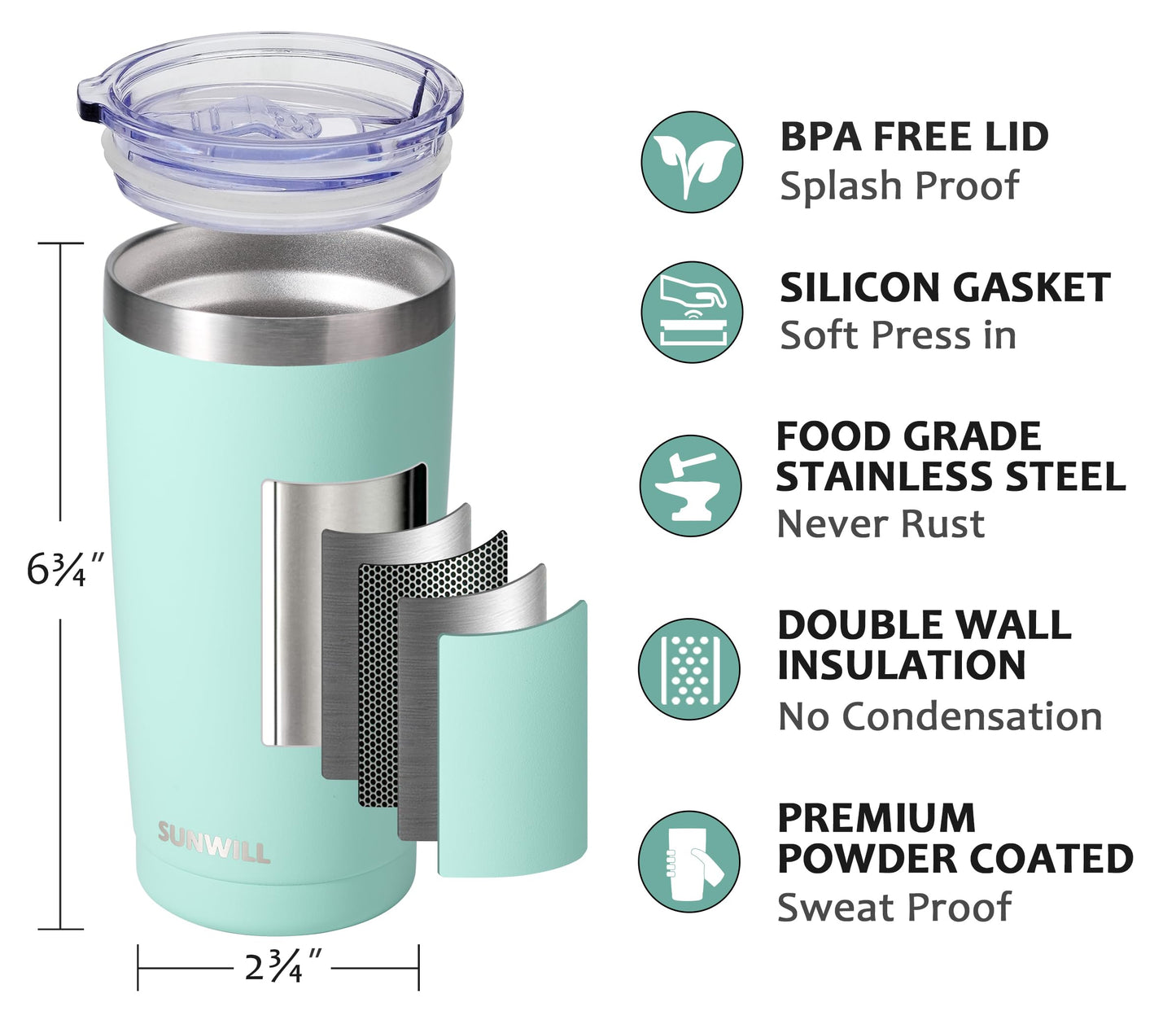 SUNWILL Travel Coffee Tumbler 20 oz, Insulated Mug with Lid, Stainless Steel Cup for Outdoor, Powder Coated Mint