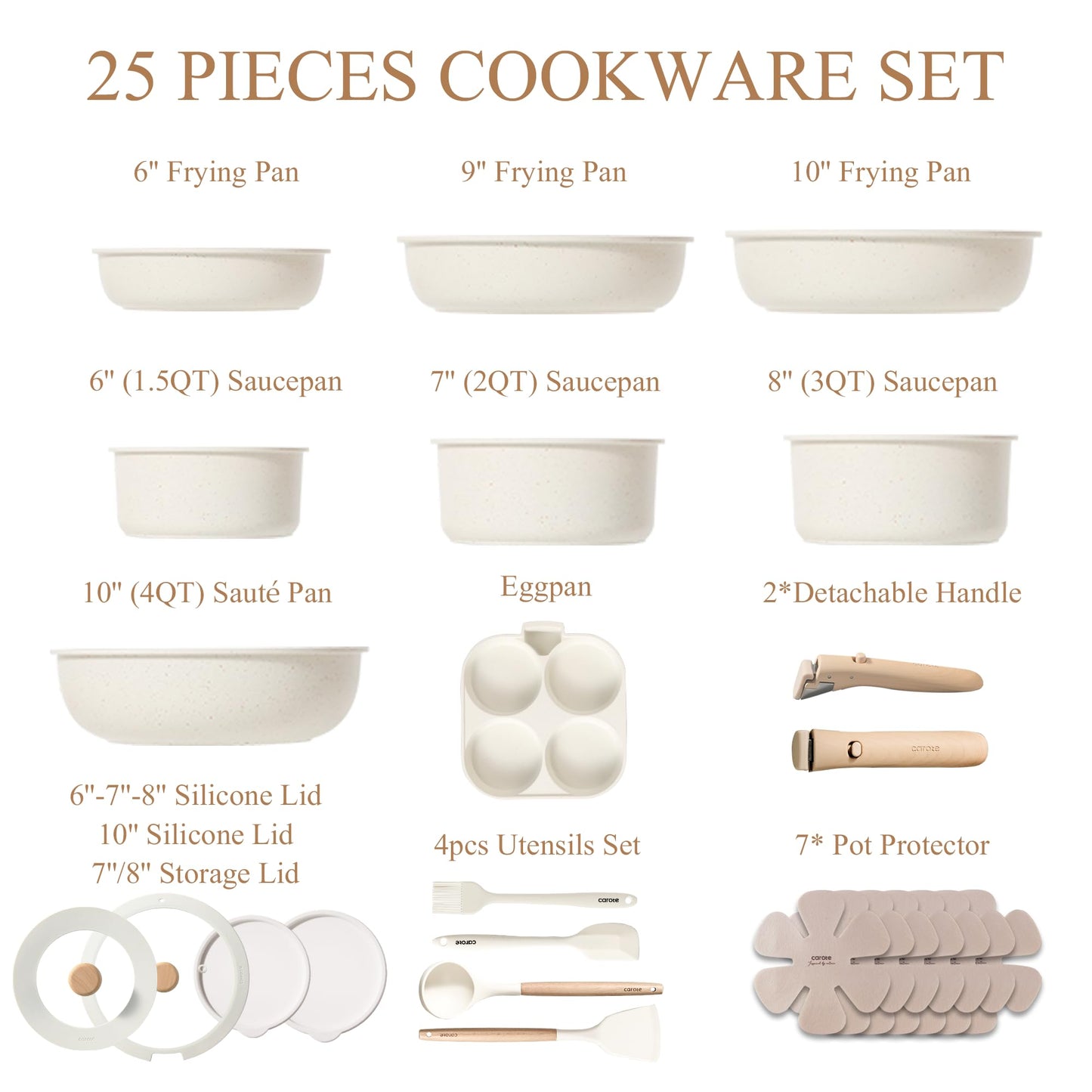 CAROTE Pots and Pans Set Non Stick, Cookware Sets, Kitchen Set, Oven/Dishwasher/Fridge Safe, Space Saving Pots Set, Nonstick Set with Versatile Detachable Handle, Induction RV Set, Cream