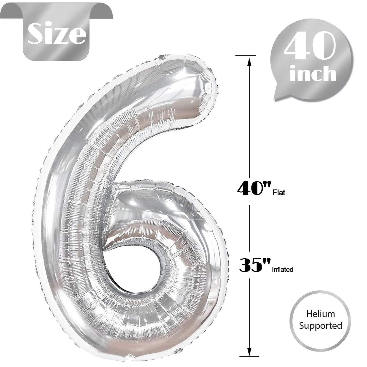 Silver 6 Balloon, Number Balloons 40 Inch, 6th Balloons for Birthday Decorations, Silver Party Supplies 6 Birthday Balloon, Number 6 Balloon