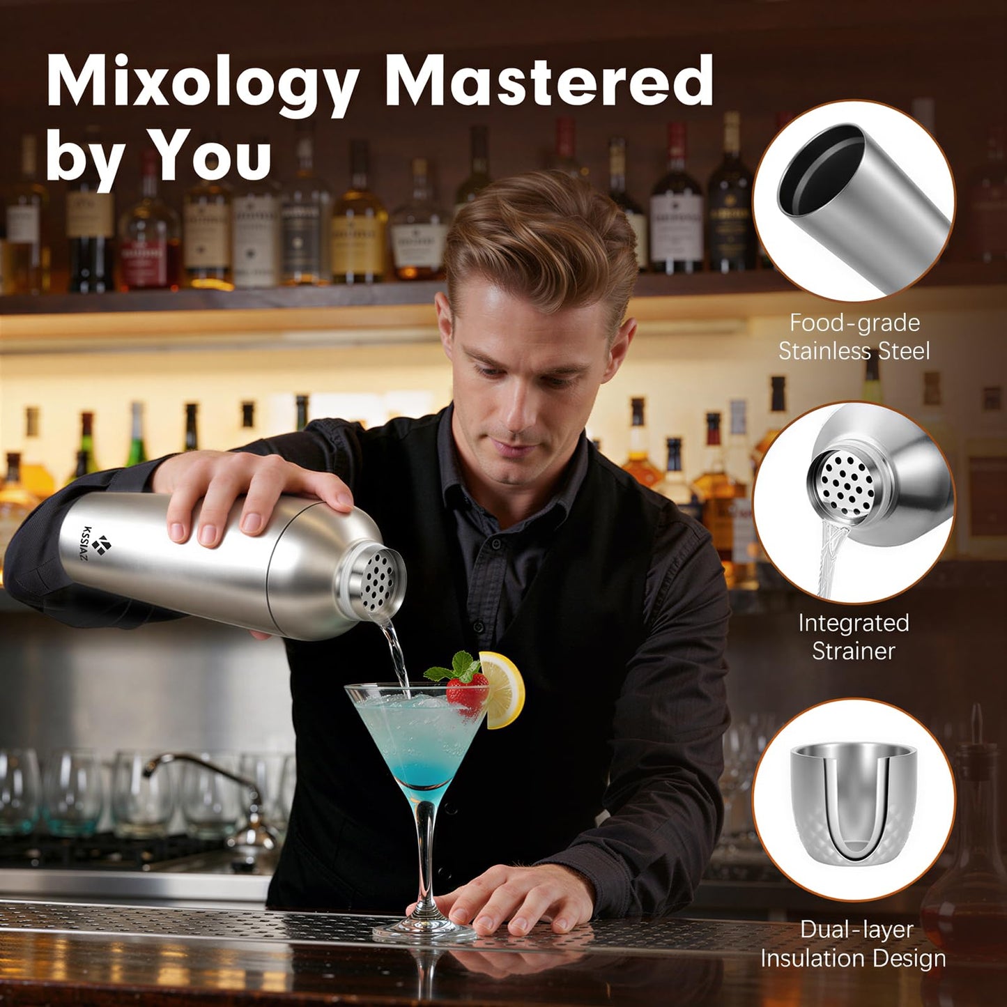 Kssiaz Cocktail Shaker Set with Stackable Cups, Vacuum Insulated Stainless Steel Martini Shaker Set, Portable Travel Bartender Kit with Bartender Accessory Tools, 25.4oz, Silver