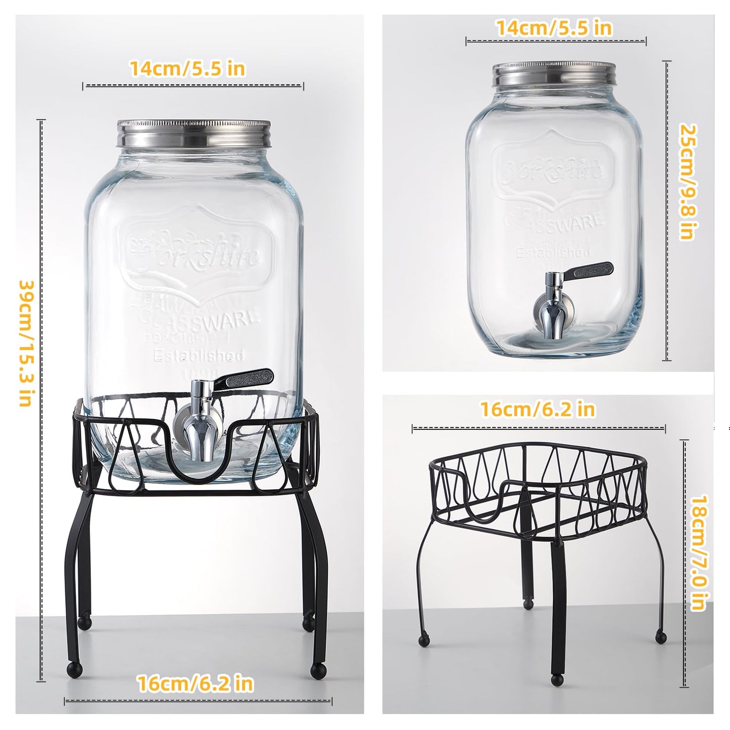 1 Gallon Glass Beverage Dispenser with Stand, Stainless Steel Spigot and Lid, Glass Drink Dispensers for Parties, Drink Dispensers with Lids for Lemonade Sun Tea Mason Jar