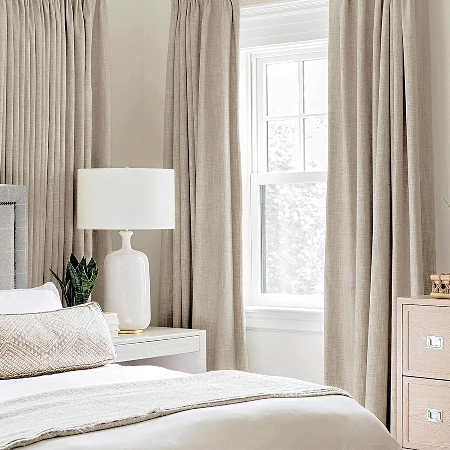 MIULEE Linen Curtains - 100% Blackout Thermal Insulated Grommet Drapes | 52 x 63 Inch, Stone Color (2 Panels)