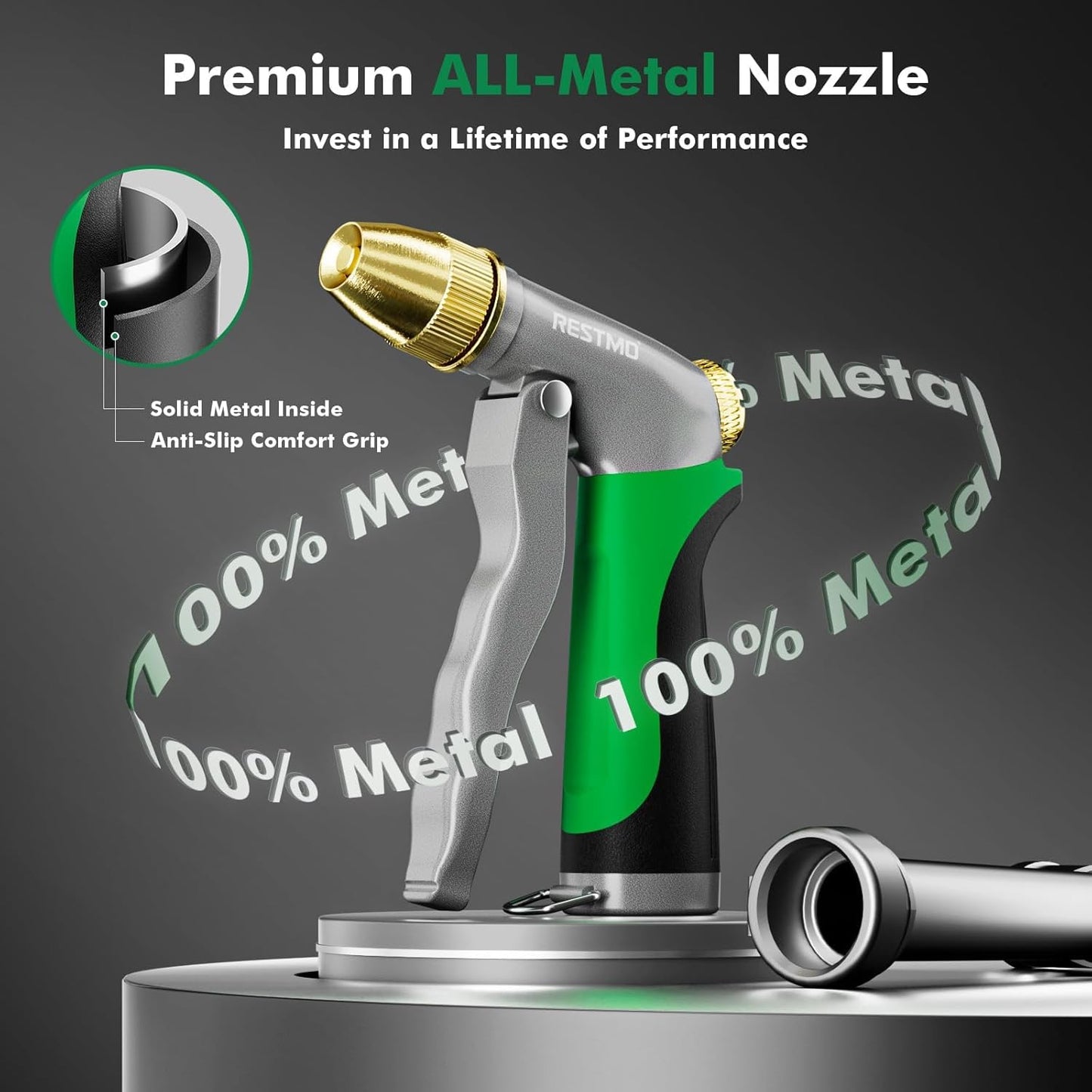RESTMO Heavy Duty Metal Hose Nozzle - High Pressure Sprayer with Adjustable Patterns for Garden, Car, Pet | Green