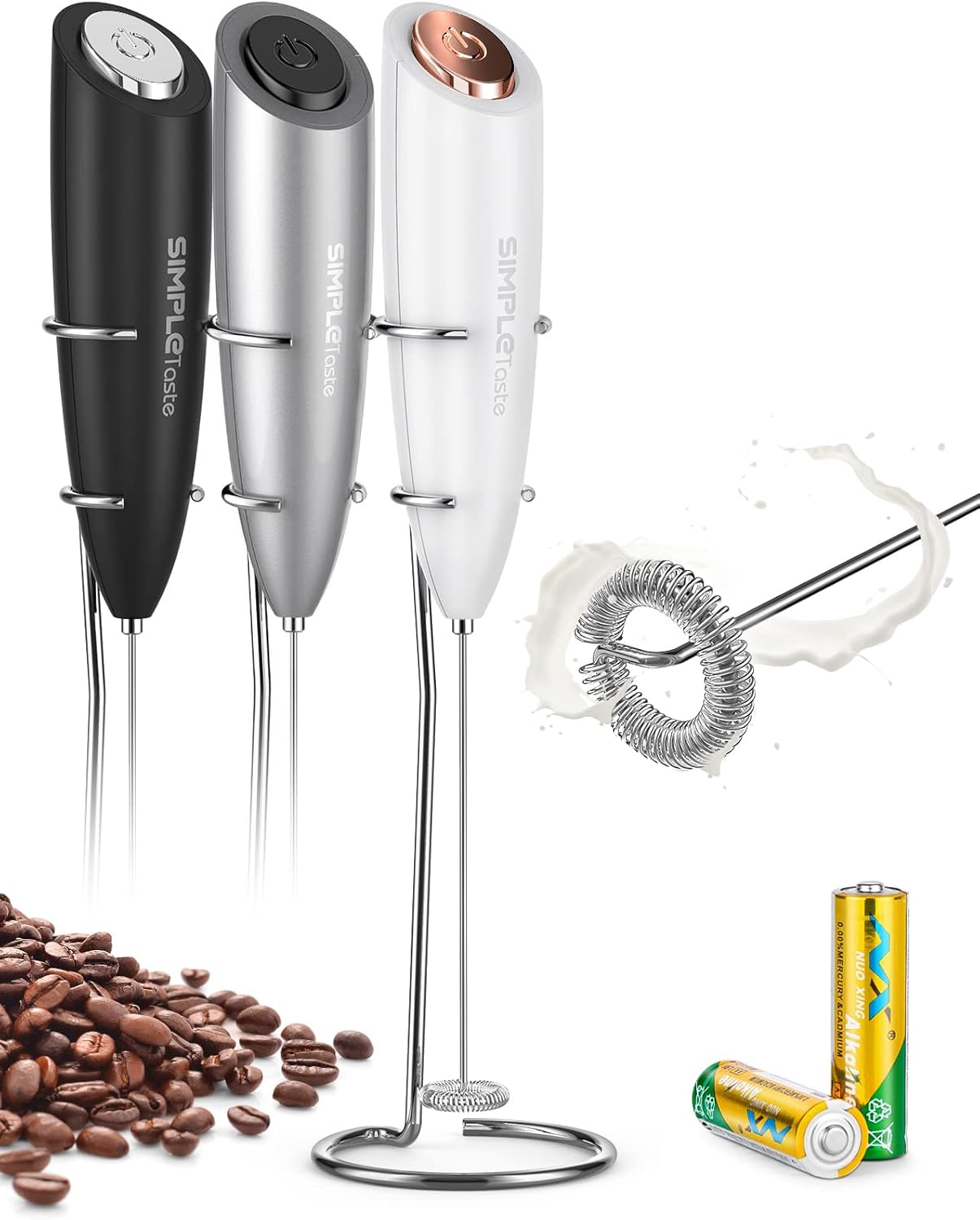 SIMPLETASTE Milk Frother - Handheld Electric Foam Maker for Cappuccino & Latte - White with Stand