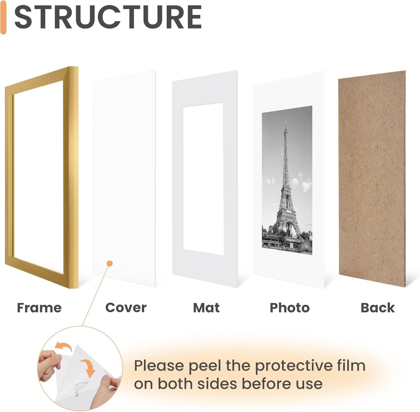 Upsimples 8x12 Picture Frame Set of 5 - Gold Wall Gallery Frames for 6x8 Photos with Mat or 8x12 Without