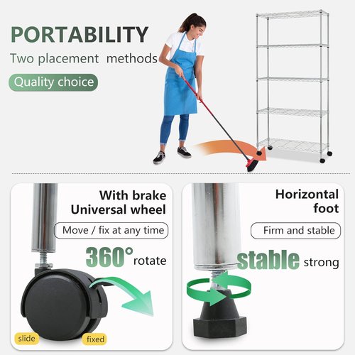 BestOffice 5-Tier Wire Storage Shelves with Wheels - Heavy-Duty Metal, Adjustable, Chrome | 14x30x60 | Holds Up to 220 lbs | Easy No-Tool Assembly for Home & Garage