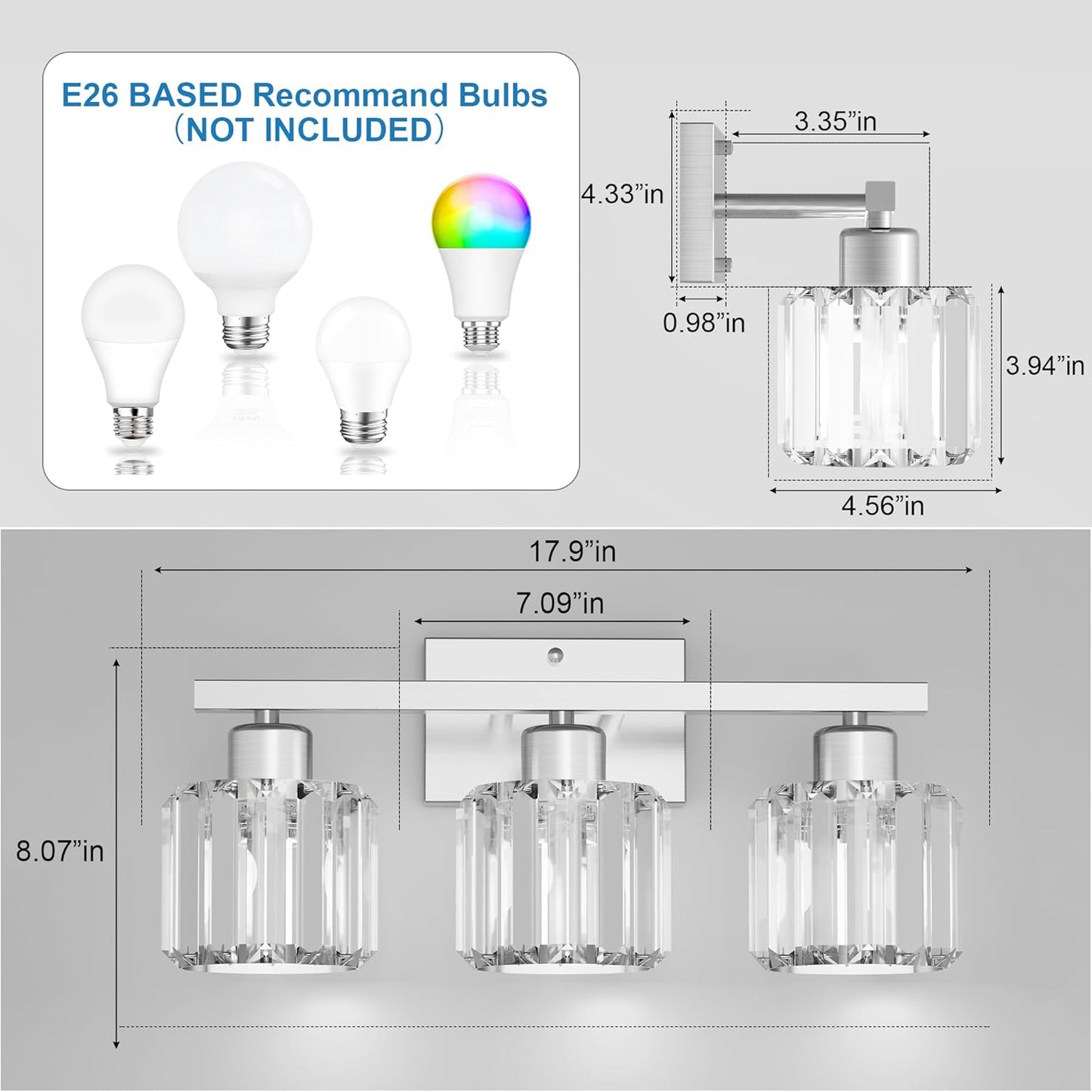 comzler 3-Light Bathroom Light Fixtures Over Mirror, Brushed Nickel Crystal Wall Sconce with E26 Base for Mirror Kitchen Living Room Bathroom, Round Crystal Shades (Bulbs Excluded)