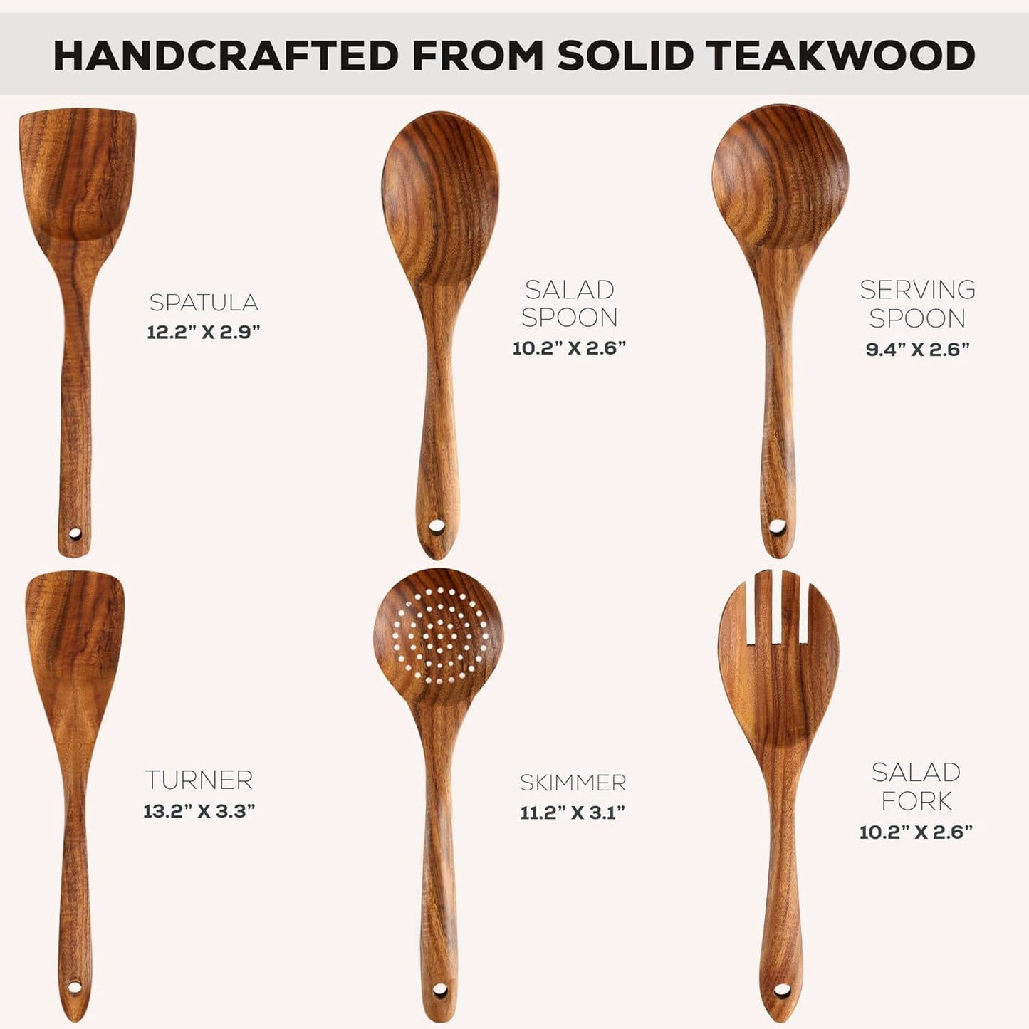 Zulay Kitchen Wooden Cooking Spoons Set - 6 Durable Teak Utensils, Easy to Clean, Comfort Grip