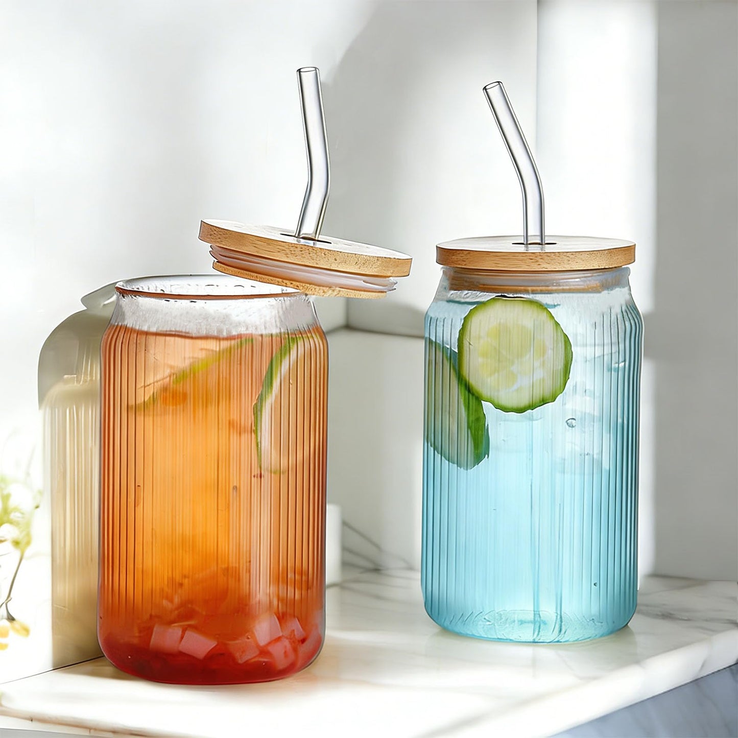 2 PCS Glass cups with Lids and Straws, 16 OZ Iced Coffee Cups, Ribbed Glass Tumbler with Straw and Bamboo Lid, Thick Drinking Beer Glasses for Coffee, Juice, Match Cup with Cleaning Brush (Clear)