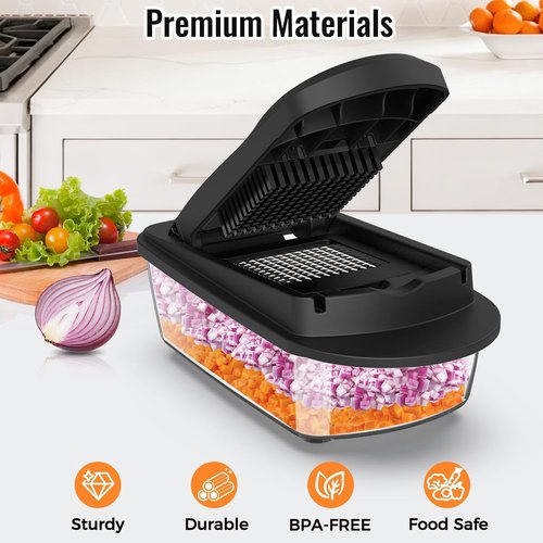 12 Blade Vegetable Chopper Mandoline Slicer - All-in-One Kitchen Gadget with Container | Black