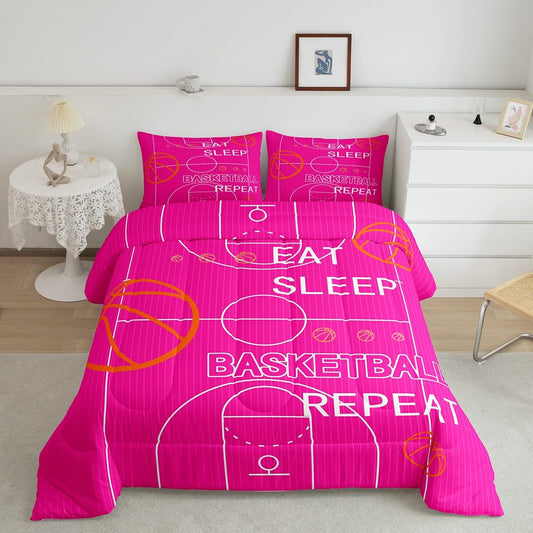 jejeloiu Kids Basketball Comforter Set Full Size Basketball Court Comforter Boys Girls Eat Sleep Basketball Ball Pattern Bedding Set Gaming Sports Theme Pink Quilt Set