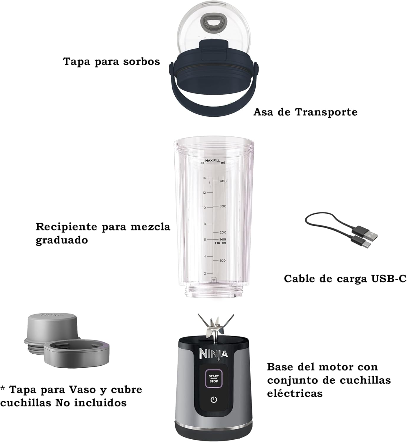 Ninja BC151BK Portable Blender - Cordless 18oz Personal Blender for Smoothies & Shakes | BPA Free, Leakproof Lid, USB-C Rechargeable, Black