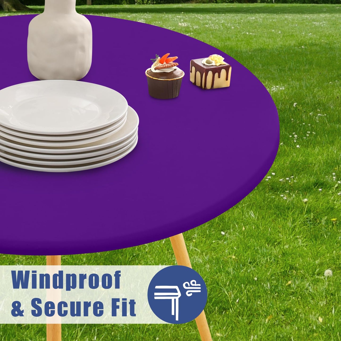 Moosfor Round Spandex Tablecloth, Elastic Fitted Waterproof Tablecloths for 31"-35" Tables, Stretch Washable Picnic Table Cover for Camping, Dining, Indoor and Outdoor, Purple