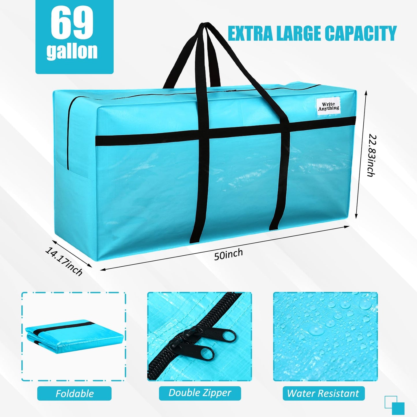 Windyun 4 Pack 69 Gallon Extra Large Moving Bags XXL Heavy Duty Storage Bag with Strong Zipper Handle Jumbo Big Tote Box Foldable for College Dorm Travel Clothes Duffle Blanket Pillow(Lake Blue)