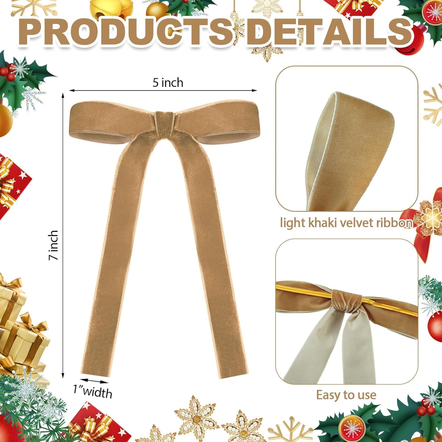 Skiennix Velvet Bows - Vintage Ribbon Bows for Christmas Tree & Crafts | 24 Pcs, Light Khaki (5 x 7 Inch)