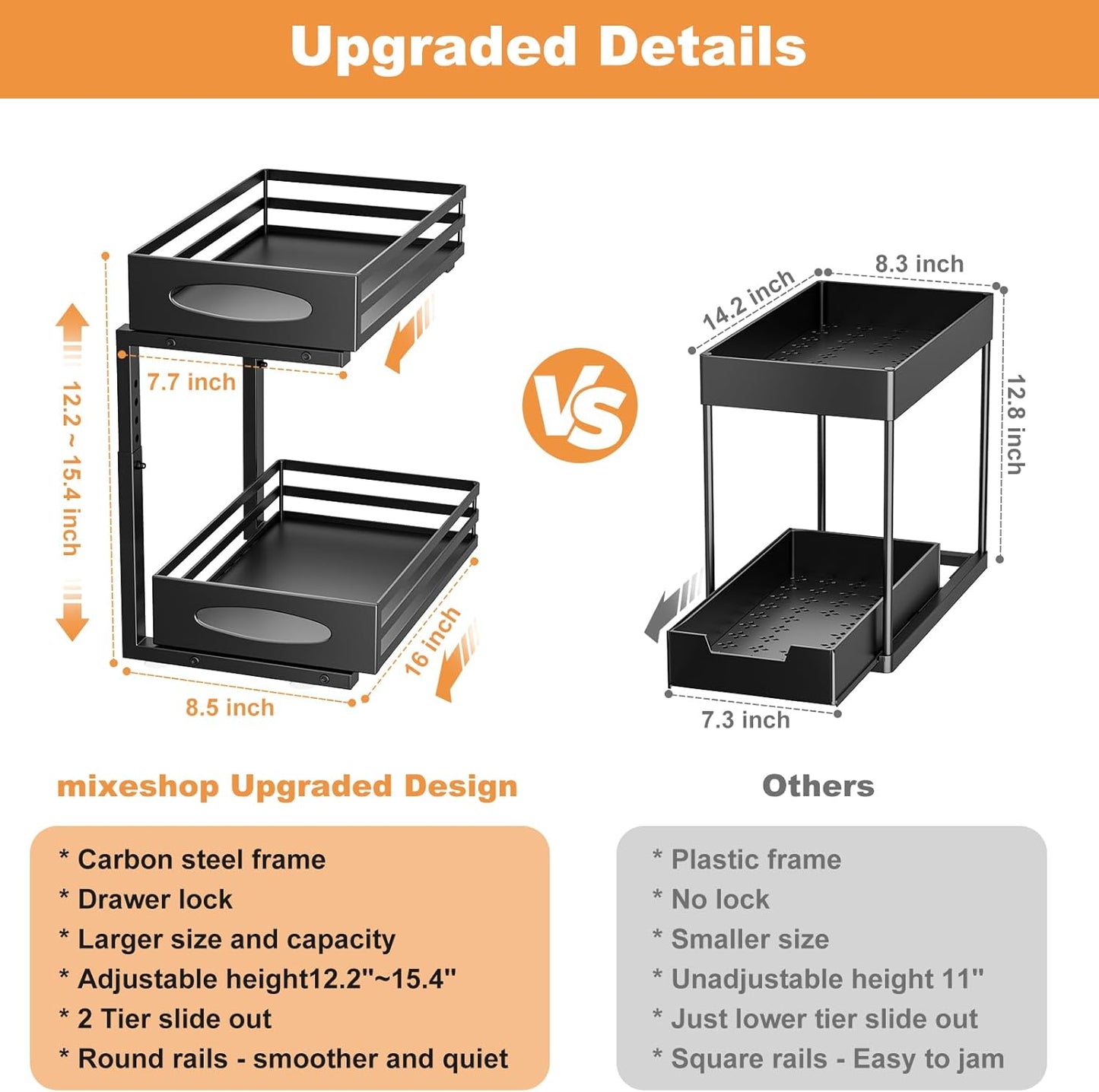Mixeshop Under Sink Organizer - 2-Tier Adjustable Storage Solution | Slide-Out Metal Cabinet Drawer (Black)