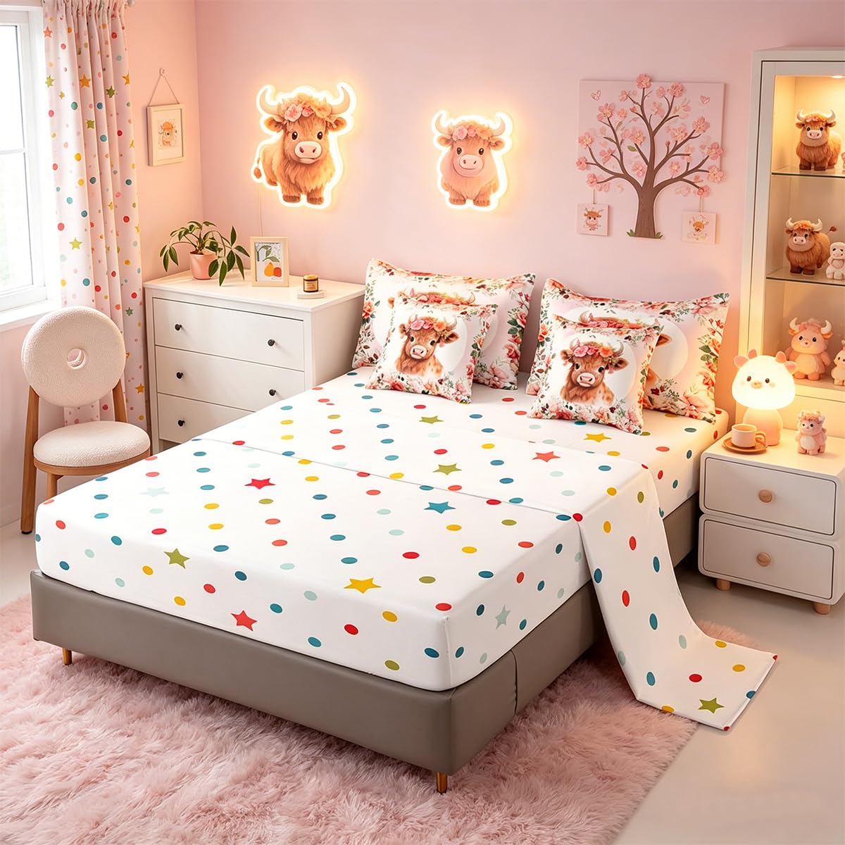 Feelyou Cute Highland Cow Bedding Set Twin Size 7 Pieces Cartoon Animal Comforter Set Flower Floral Print Farm Zoo Garden Theme Bed in a Bag with Comforter, Sheets, Pillowcases & Cushion Cover