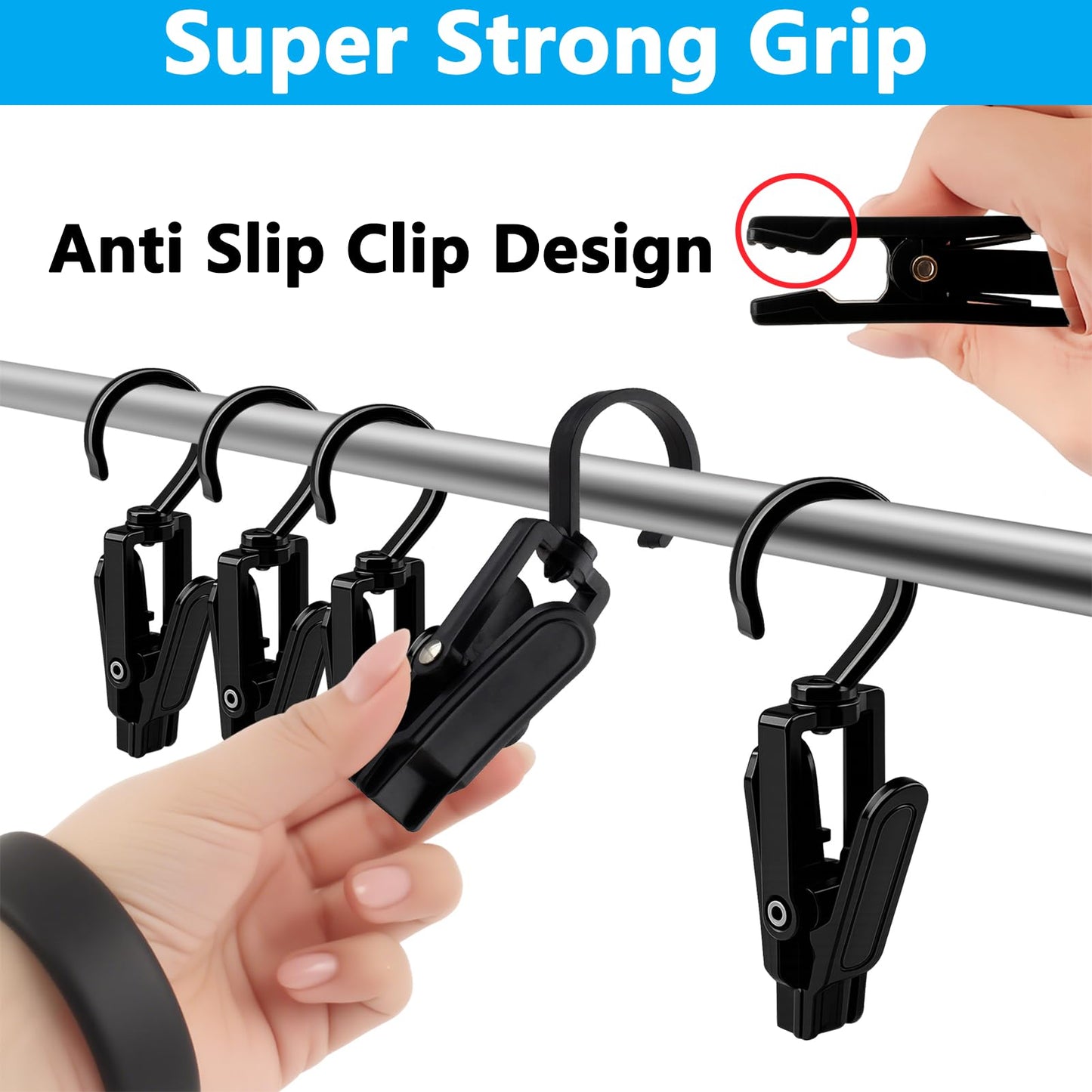 VinBee 20 PCS Laundry Hooks with Clips Super Strong Plastic Home Travel Swivel Hanging Hanger Closet Organizer Clamps Socks Boot Bras Towels for Bathroom Wardrobe Kitchen Office - 4.3 Inches (Black)