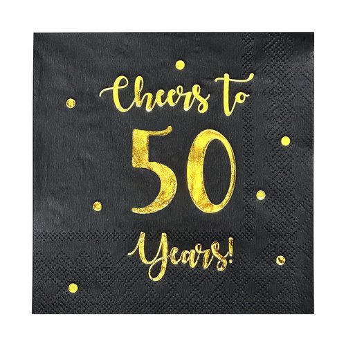 Cheers to 50 Years Cocktail Napkins | Happy 50th Birthday Decorations for Men and Women and Wedding Anniversary Party Decorations | 50-Pack 3-Ply Napkins | 5 x 5 inch folded (Black)
