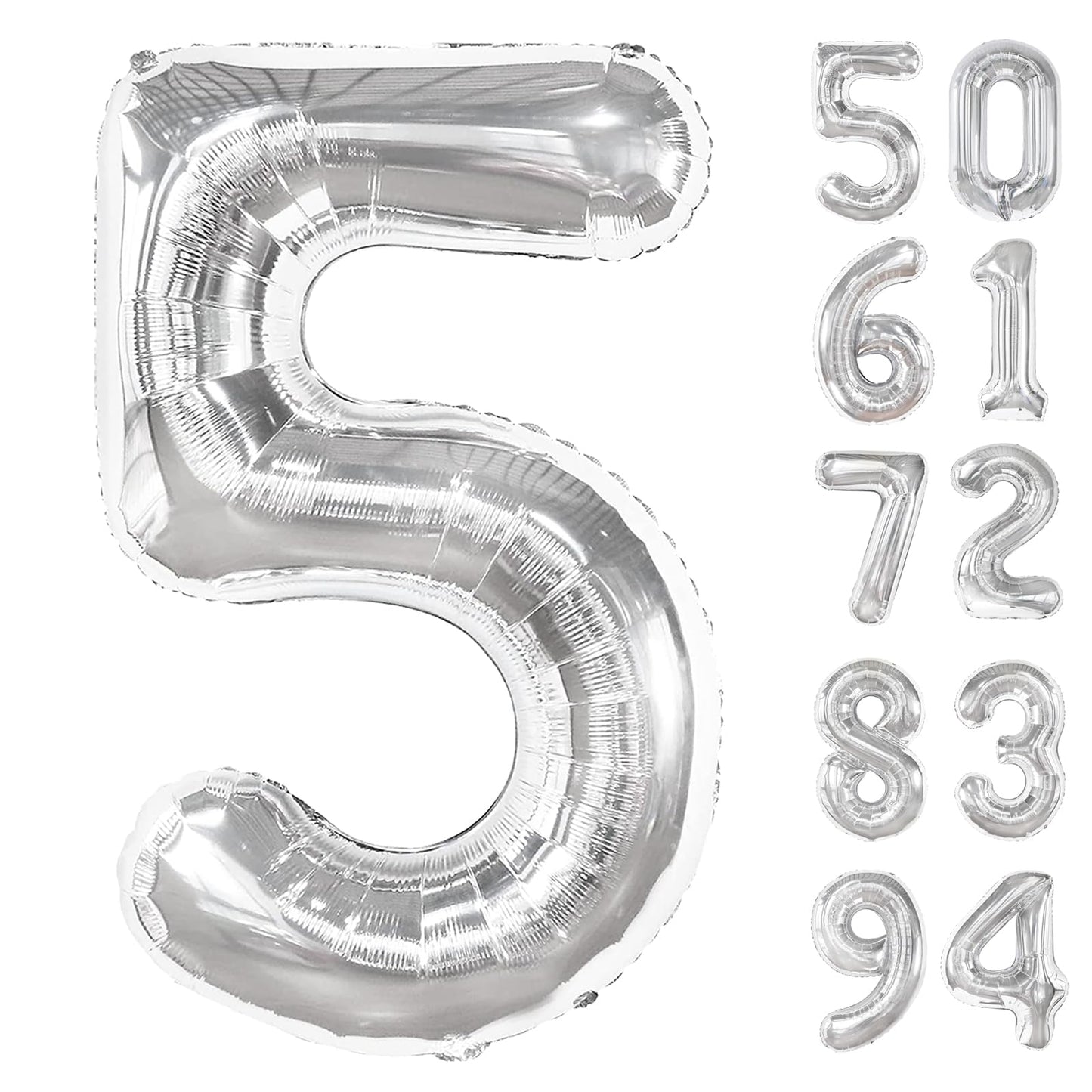 Silver 5 Balloon, Number Balloons 40 Inch, 5th Birthday Balloon Decorations, Silver Party Supplies, 5 Number Balloons, Number 5 Balloon