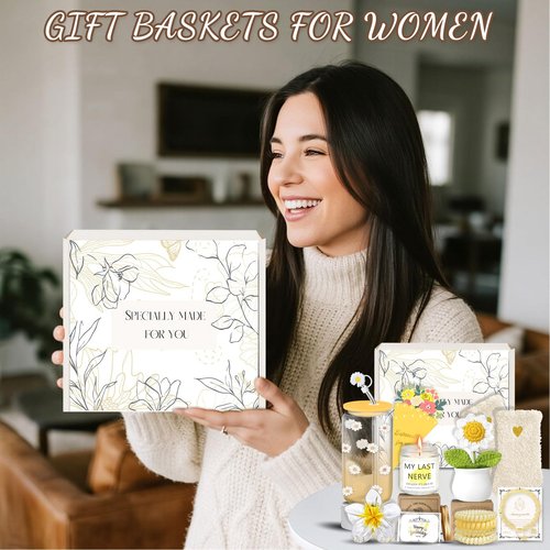 Happy Birthday Gifts for Teen Girls Women, Unique Mothers Day Gifts for Mom, Gift Baskets for Her Self Care Thank You Get Well Present Set, 14pcs Cute Daisy Box for Friend Sister Coworker(Yellow)