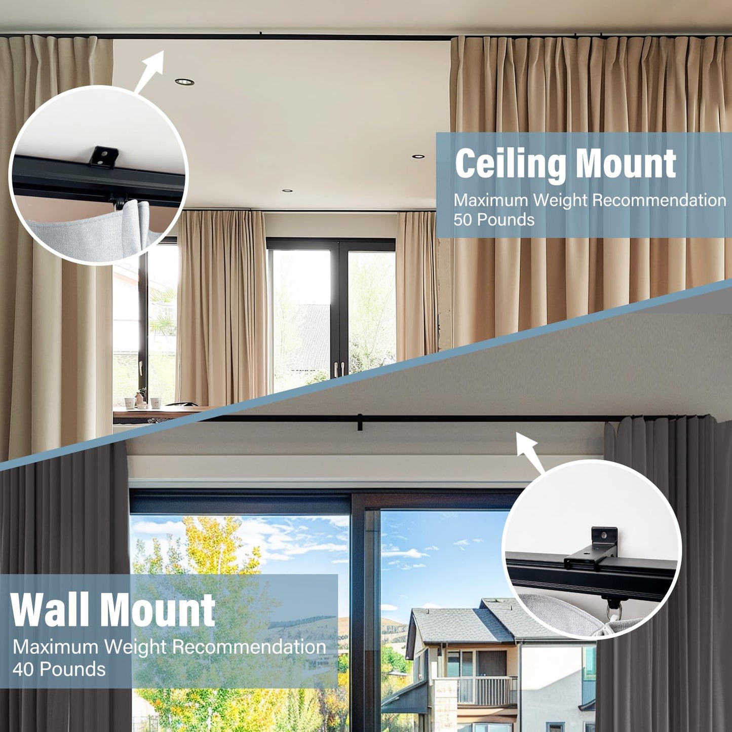 Hoeflife Curtain Track,Ceiling Curtain Track,Wall Mount Curtains Tracks,Heavy Duty Sliding Room Divider Ceiling Mount Curtains Tracks Rails Rod System with Clips 3-6ft Black