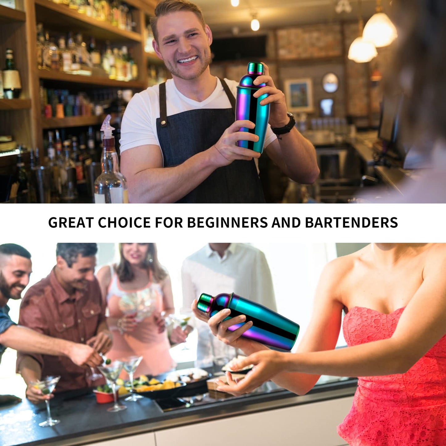 Safring 24oz Cocktail Shaker Bar Set, Martini Shaker with Built-in Strainer, Measuring Jigger, Mixing Spoon, Professional Stainless Steel Large Bartender Drink Shaker Margarita Alcohol Mixer-Rainbow