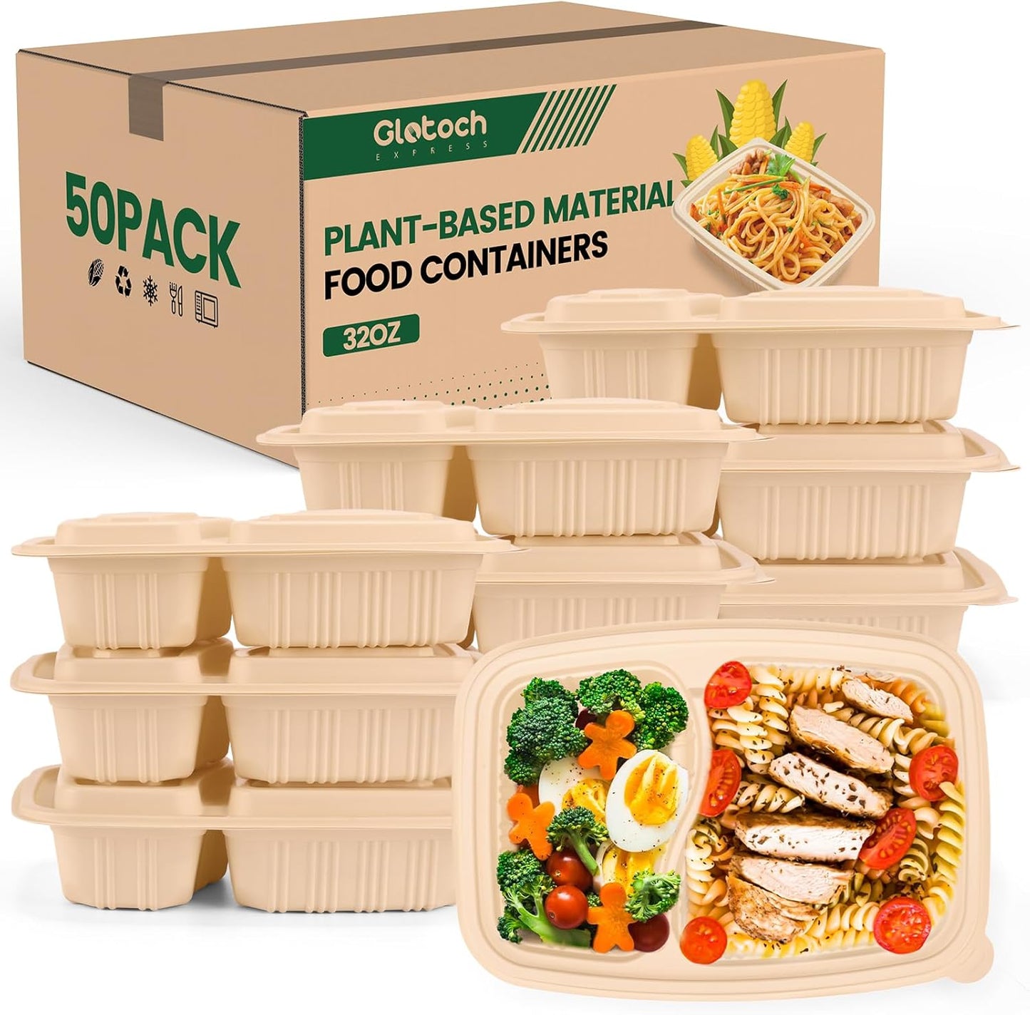 Meal Prep Containers - 100 Piece Reusable 2 Compartment 32 oz Cornstarch Snack Containers with Lids | Microwave & Freezer Safe