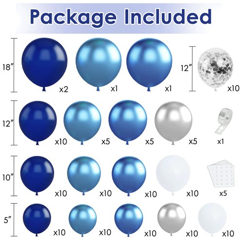 Blue White Silver Balloons Arch Kit, Navy Blue and White Balloons with Metallic Dark Light Blue Silver Conftti Balloons Garland for Graduation Birthday Party Bridal Shower Anniversary Decoration